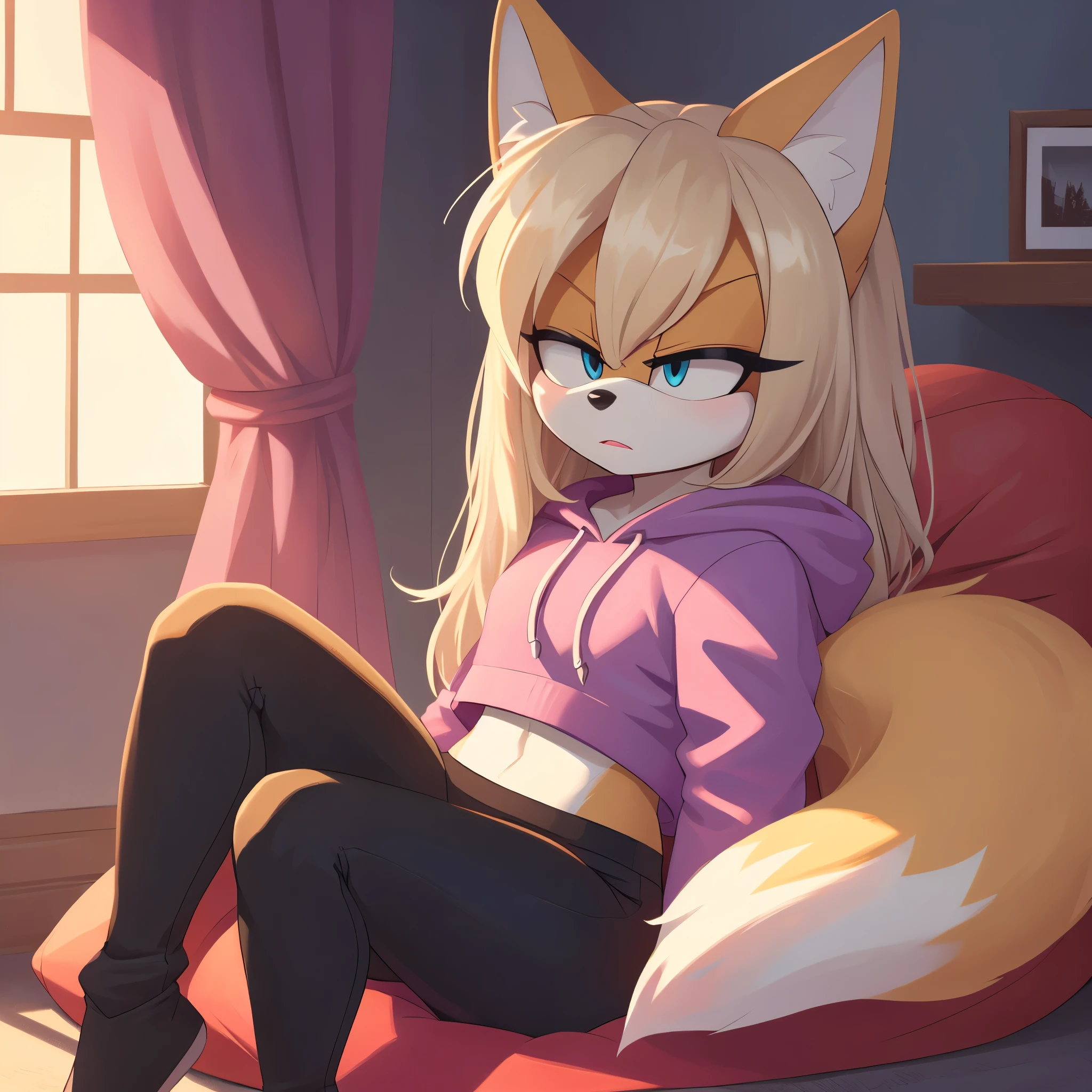 score_9, score_8_up, 2D, bedroom, indoors, looking at viewer, (1girl), (solo), very detailed, extremely detailed, from the sonic the hedgehog series, Female, Mobian, Fox, above shoulder, portrait, eyes half closed, tired expression, little bit grumpy, sound lines, light on the lipstick, hair down, long hair, purple cropped hoodie, black yoga pants, fox tail, sitting, beanbag chair, large bust, light ash grayish blonde colored fur, light ash grayish blonde colored hair, blue eyes