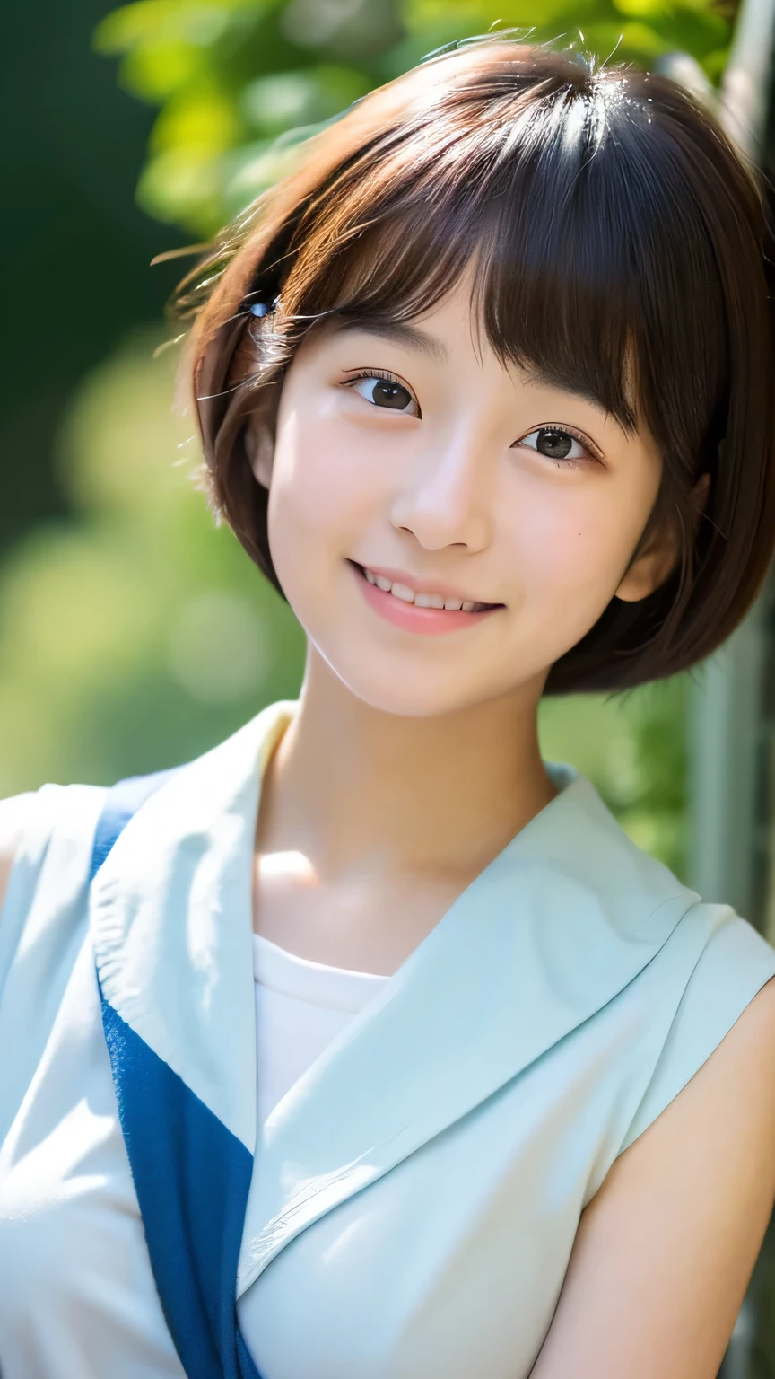 masterpiece　High resolution　Female student　Delicate face　very cute　natural atmosphere　boyish　16 years old　Bobcut　Dimples　Mole　Tanuki face　No sleeve　Are standing