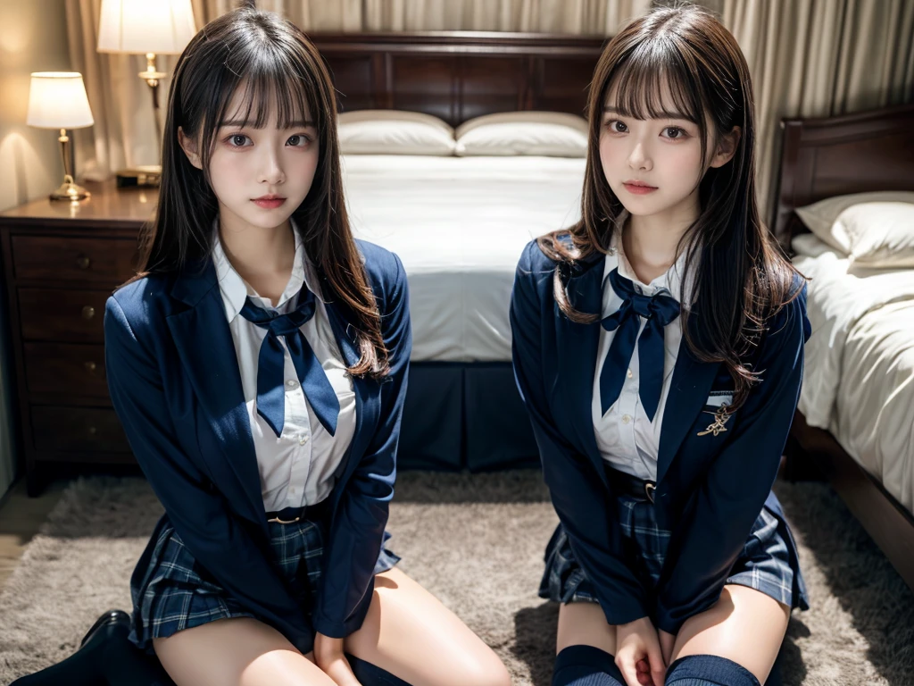 (8K, Raw photography, top-quality, masterpiece:1.2), master piece, best quality, illustration, Super detailed, fine details, High resolution, 8K,wall paper, perfect dynamic composition,(Details High quality, realistic depiction of eyes:1.3), ((2 girls, 2 schoolgirls)), The background is a luxury hotel room、High school girl uniform、blazer 、Super Short Check Uniform Skirt、Navy blue high socks、garterbelts、Colossal tits、Disturbed uniform, Play with each other,Touching each other's bodies,Touching the body of the girl next door, short bob hair, black hair color, huge breasts, Big Natural Color Lip, bold sexy pose, (perfect body shape), crying a little、cold gaze, Beautiful makeup,glitter makeup,Cutest 18 years old, beautiful legs, hposing Gravure Idol, Voluptuous thighs