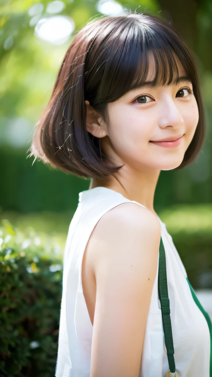 masterpiece High resolution Female student Delicate face very cute natural atmosphere boyish Bobcut Dimples Mole Tanuki face No sleeve Are standing