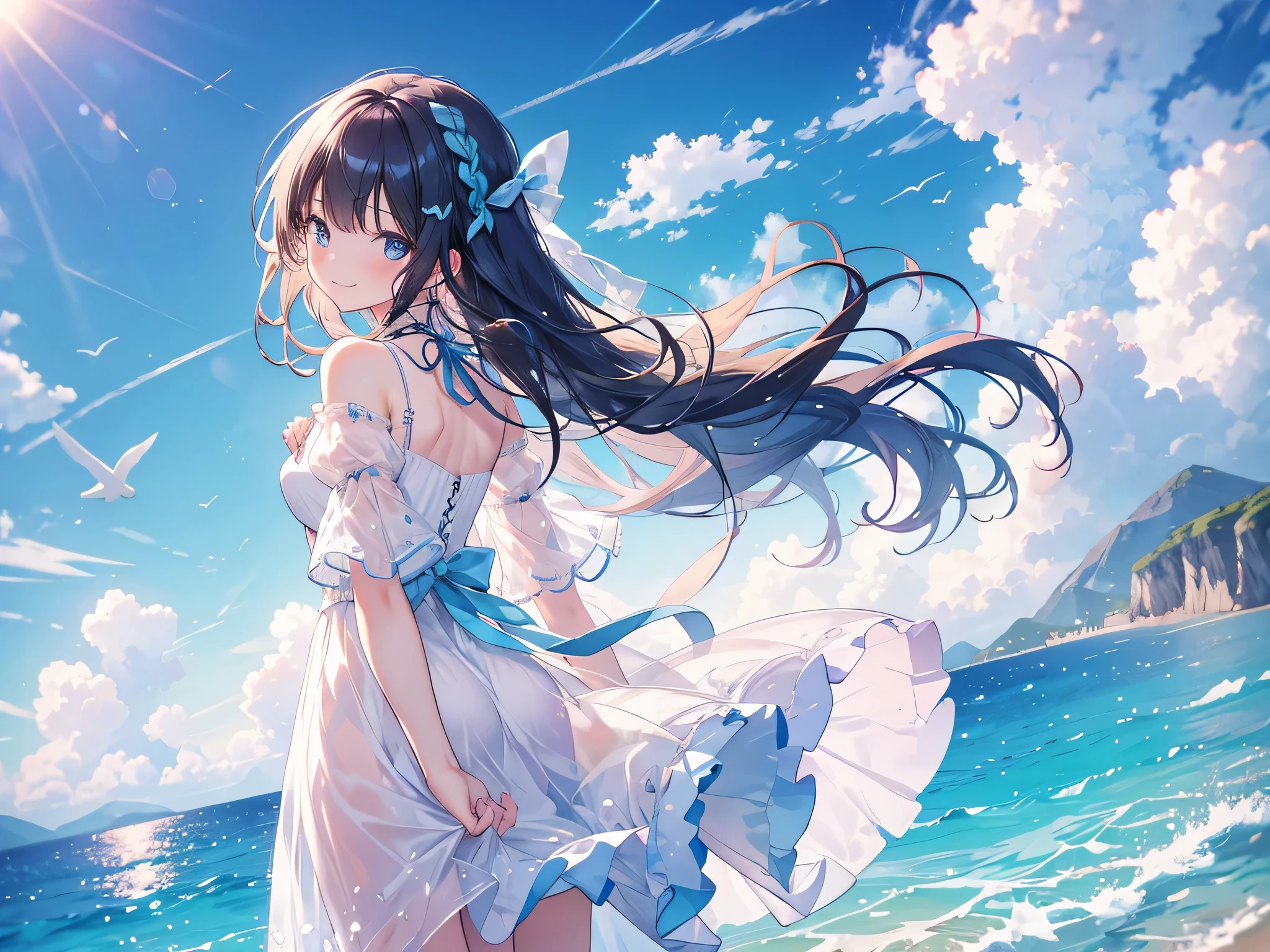 1 girl, long hair, whole body, the girl is away from the camera, the girl can be seen far away, half twin, ribbon, ribbon on the hair, blown by the wind, smile, full smile, back, ((looking around)), camera eyes, clothes, clothes that are not transparent, white dress, frill sleeves, puffed sleeves, shoulders, sandals, summer, beautiful sea scenery and blue sky, (the best quality masterpiece)