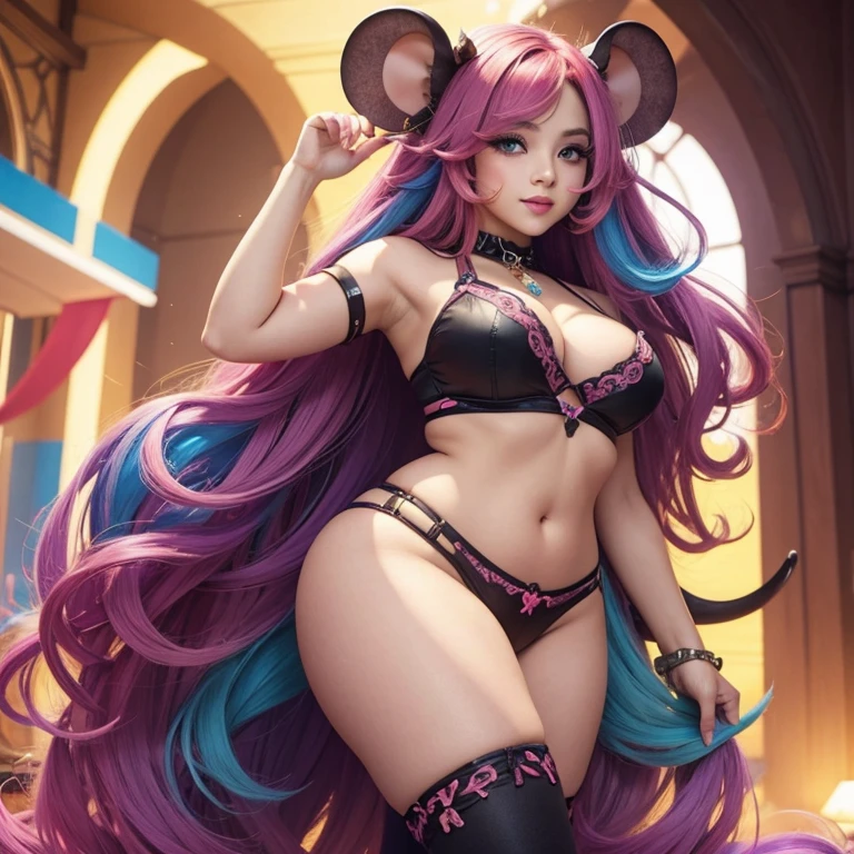 Sexy Cute pretty feminine alluring seductive Mouse girl with long colorful hair, curvy body, colourful