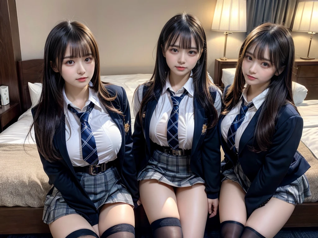 (8K, Raw photography, top-quality, ​masterpiece:1.2), master piece, best quality, illustration, Super detailed, fine details, High resolution, 8K,wall paper, perfect dynamic composition,(Details High quality, realistic depiction of eyes:1.3), ((2 girls, 2 schoolgirls)), The background is a luxury hotel room、High school girl uniform、blazer 、Super Short Check Uniform Skirt、Navy blue high socks、garterbelts、Colossal tits、Disturbed uniform, Play with each other,Touching each other's bodies,Touching the body of the girl next door, short bob hair, black hair color, huge breasts, Big Natural Color Lip, bold sexy pose, (perfect body shape), crying a little、cold gaze,  Beautiful makeup,glitter makeup,Cutest 18 years old, beautiful legs, hposing Gravure Idol, Voluptuous thighs