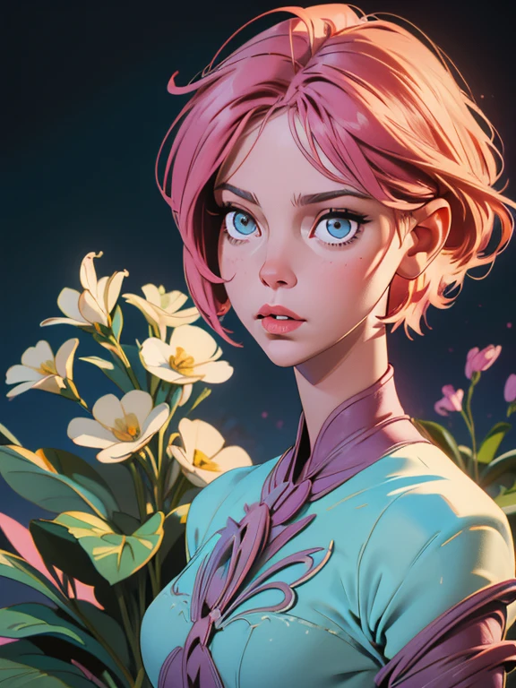 Charlize Theron stars in Marco Mazzoni-style botanical masterpiece, detailed, Surrealism, Front view, Elements of Symbolism and Surrealism, A painting by mse agnes cecile of charlize theron, Luminous design, Pastel colours, Ink drops, spring lights, Complex design, looking at the audience intertwined, Charlize Theron, Flowers, Pastel, looking at the audience, Front view