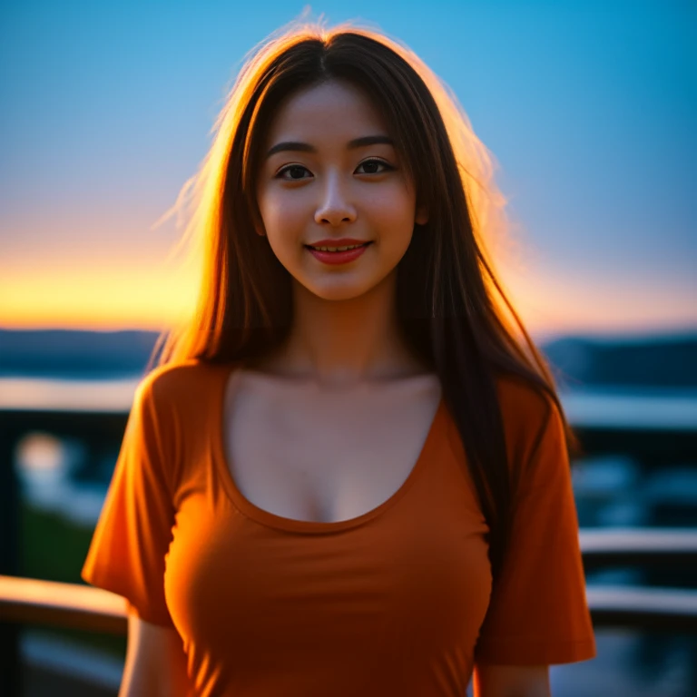 8K images, Shot with a high quality Fuji 45 camera.,000,000 pixels raw photo, best quality, Masterpiece:1.2), (realistic, photo-realistic:1.37), very detailed,
1 woman,cute, Action in various poses, alone,Beautifully detailed sky,nighttime, In an open-air restaurant,) ,big breasts, seductive smile, wide aperture, professional lighting, Sony A7R4, 50mm sessile lens. 2 medium sized breasts,Beautifully detailed eyes,(dark orange t-shirt, Long hair floats up:1.2),floating hair