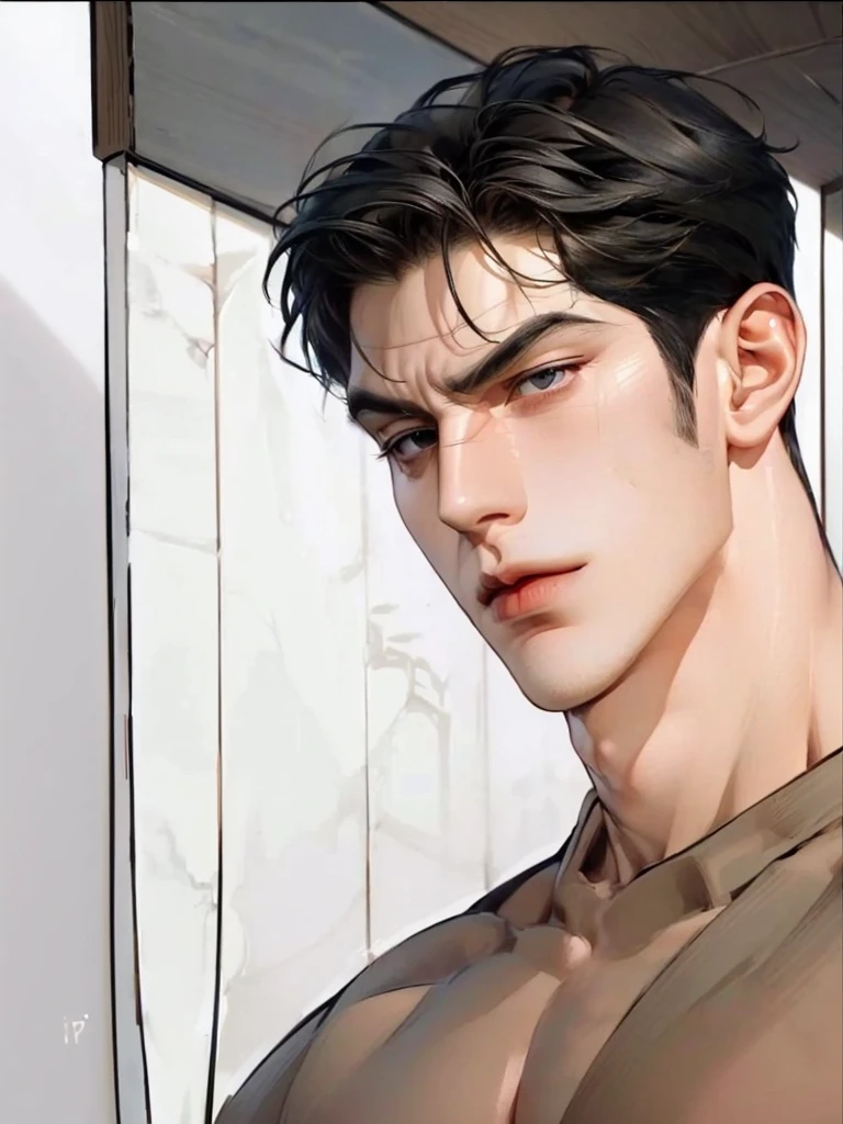 4k, high resolution, best quality, masterpiece, perfect color, perfect shade, perfect lighting, Posted by e621, ((portrait)), ((handsome man)), perfect male figure, Short hair details，chest muscles，abdominal muscles，Naked torso,  Detailed face, perfect face, (stood up), Detailed background, ((Bonifasco Lighting)), (black eyes),(), black hair, angry