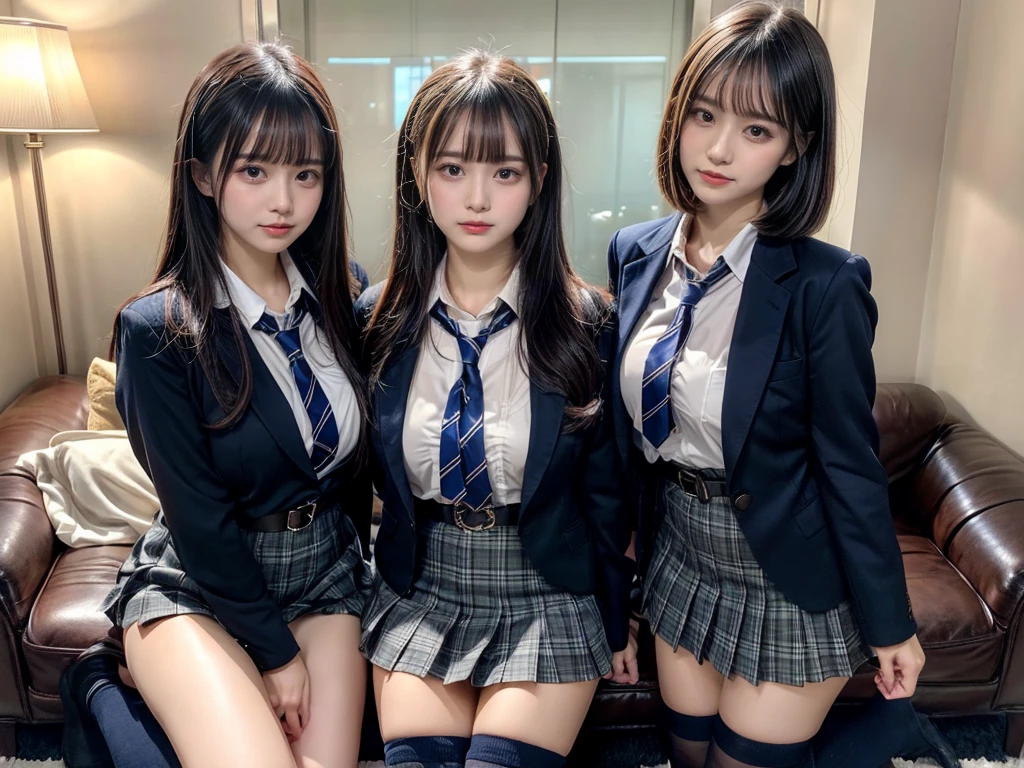 (8K, Raw photography, top-quality, masterpiece:1.2), master piece, best quality, illustration, Super detailed, fine details, High resolution, 8K,wall paper, perfect dynamic composition,(Details High quality, realistic depiction of eyes:1.3), ((2 girls, 2 schoolgirls)), The background is a luxury hotel room、High school girl uniform、blazer 、Super Short Check Uniform Skirt、Navy blue high socks、garterbelts、Colossal tits、Disturbed uniform, Play with each other,Touching each other's bodies,Touching the body of the girl next door, short bob hair, black hair color, huge breasts, Big Natural Color Lip, bold sexy pose, (perfect body shape), crying a little、cold gaze, Beautiful makeup,glitter makeup,Cutest 18 years old, beautiful legs, hposing Gravure Idol, Voluptuous thighs