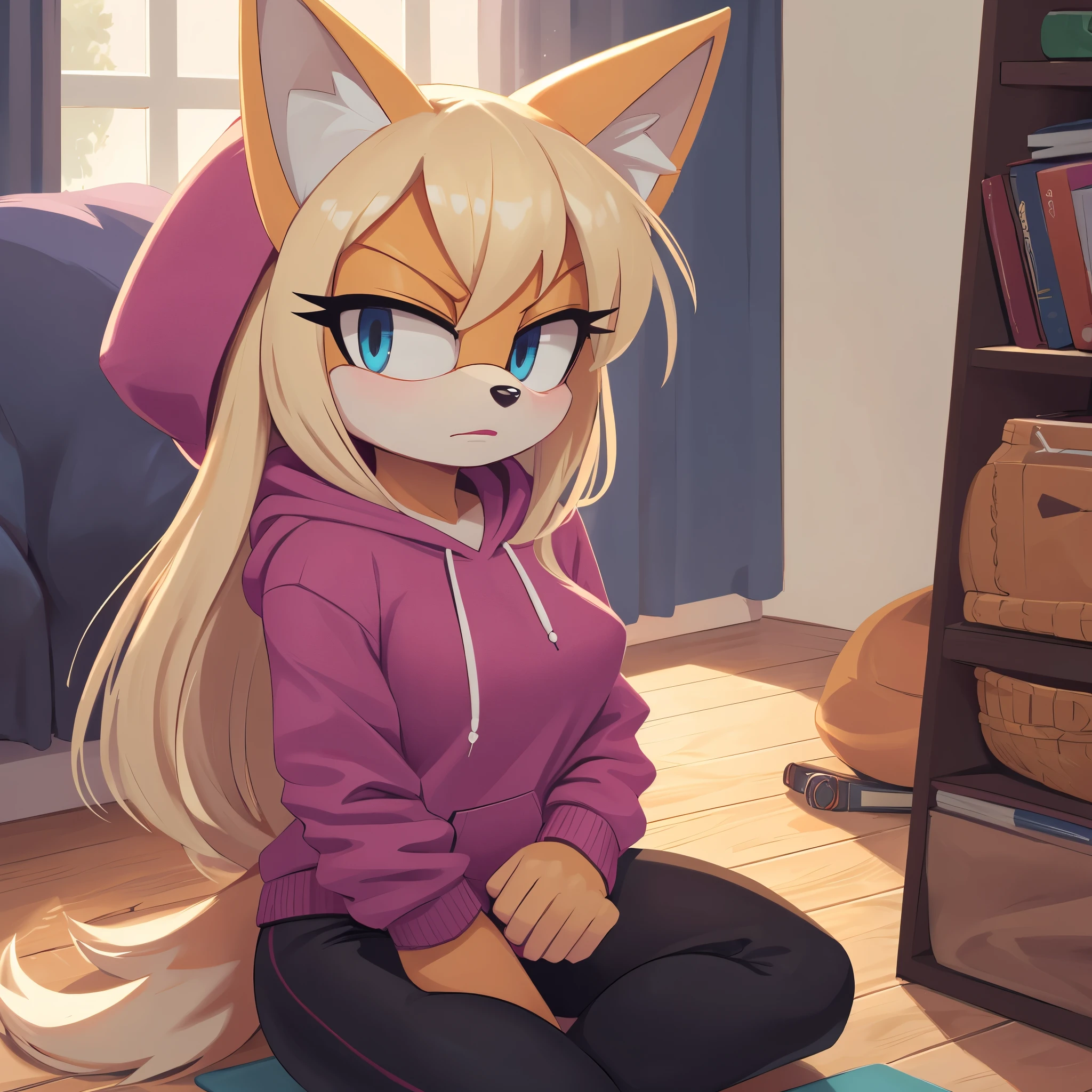 score_9, score_8_up, 2D, bedroom, indoors, looking at viewer, (1girl), (solo), very detailed, extremely detailed, from the sonic the hedgehog series, Female, Mobian, Fox, above shoulder, portrait, eyes half closed, tired expression, little bit grumpy, sound lines, light on the lipstick, hair down, long hair, purple cropped hoodie, black yoga pants, fox tail, sitting, beanbag chair, large bust, light ash grayish blonde colored fur, light ash grayish blonde colored hair, blue eyes