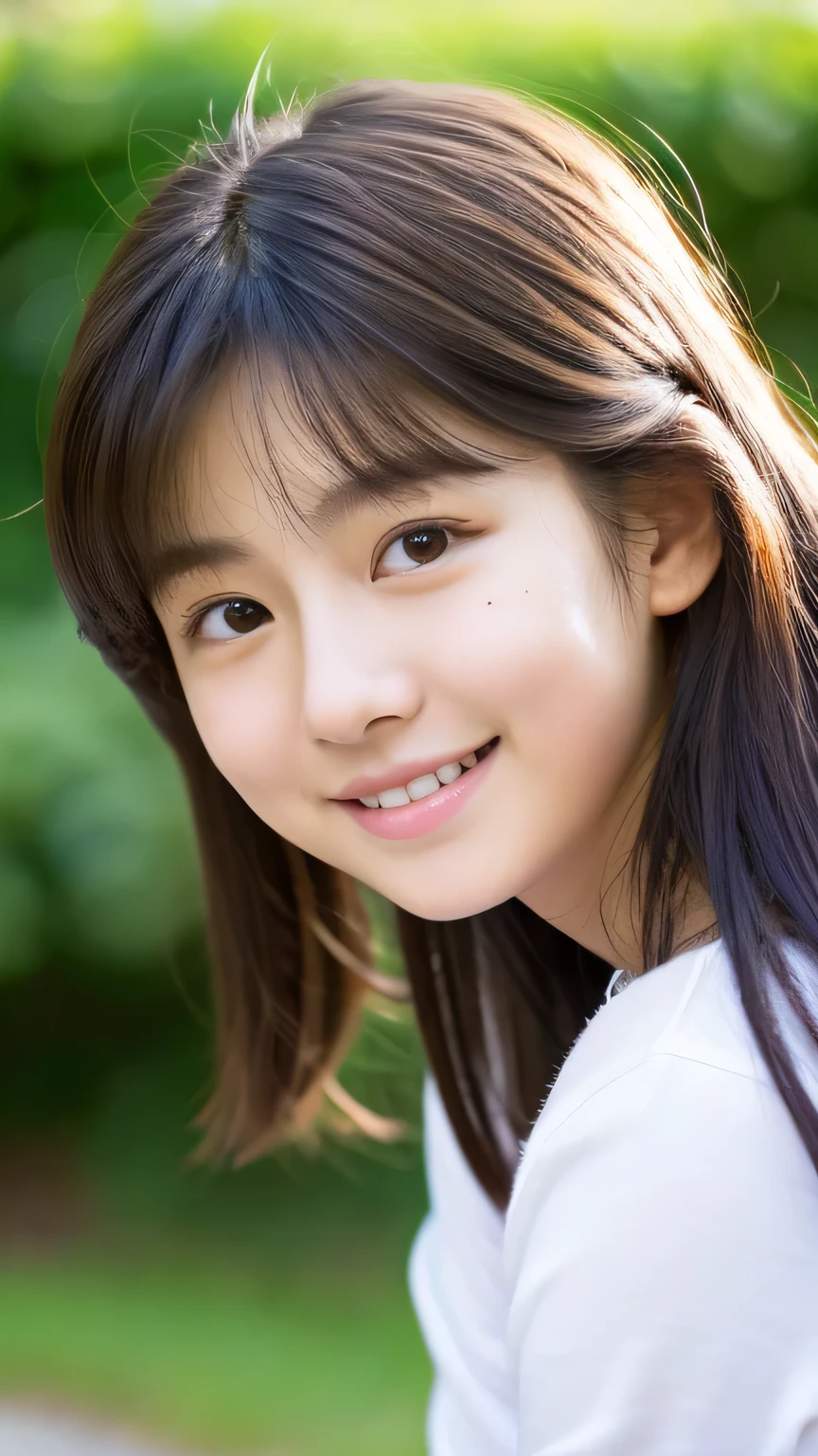 masterpiece High resolution Female student Delicate face very cute natural atmosphere boyish 16 years old Shortcuts Dimples Mole Tanuki face No sleeve Mouth open and fooling around