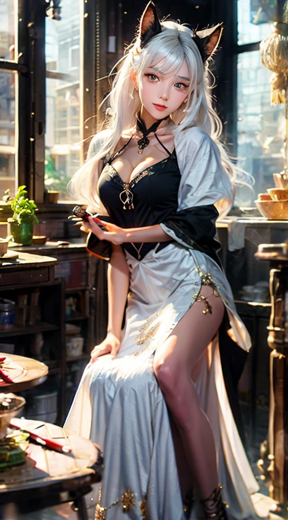 Close-up of a woman with white hair and a white mask, Sit on a chair、Beautiful character drawings, Gweitz, artwork in the style of Gweitz, White-haired God, by ヤン・J, Magnificent and elaborate character art, Amazing character art, By Phan Chi, By Wujun Shifan, Gweitz on pixiv artstation, Squirrel Beauty Chinese,
