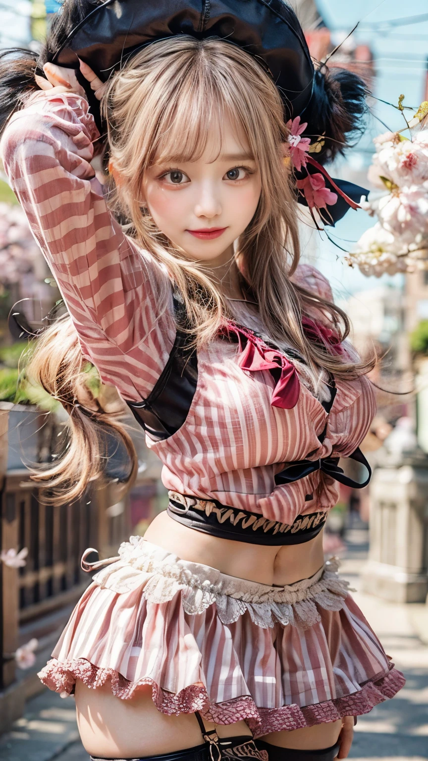 extremely detailed CG unity 8k wallpaper, best quality, ultra-detailed, masterpiece, realistic, photo realistic, blush, parted lips, looking at viewer , half body shot , (Perona One Piece), ping long hair, blushing, beautiful face, embarrassed face, standing, arms behind head, cute face, goth outfit, twintails, outdoor, sakura blossom, stripe legging, skirt, smile at viewer,