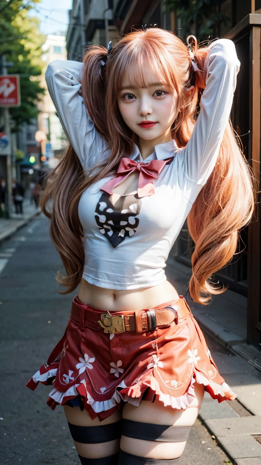 (Top Quality, High Resolution: 1.2), Super Detailed, Photorealistic: Red Eyed Girl, Red Hair, Glowing Eyes, (Fierce, Detailed) Description, Realistic Touch, Anime Style, Trained Body, (Abs) , figure style, frilly blouse, tight miniskirt, smile, holiday shopping