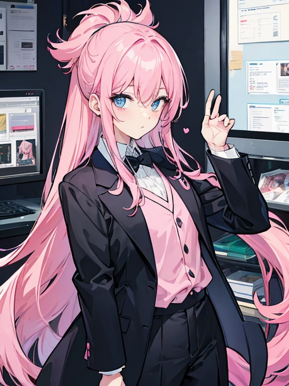 Man with pink hair, Black executive suit, Expectations, long hair, Sweet look, blue eyes, Pink Eyeshadow, In the office.