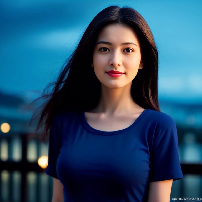 8K images, Shot with a high quality Fuji 45 camera.,000,000 pixels raw photo, best quality, Masterpiece:1.2), (realistic, photo-realistic:1.37), very detailed,
1 woman,cute, Action in various poses, alone,Beautifully detailed sky,nighttime, In an open-air restaurant,) ,big breasts, seductive smile, wide aperture, professional lighting, Sony A7R4, 50mm sessile lens. 2 medium sized breasts,Beautifully detailed eyes,(dark blue t-shirt, Long hair floats up:1.2),floating hair