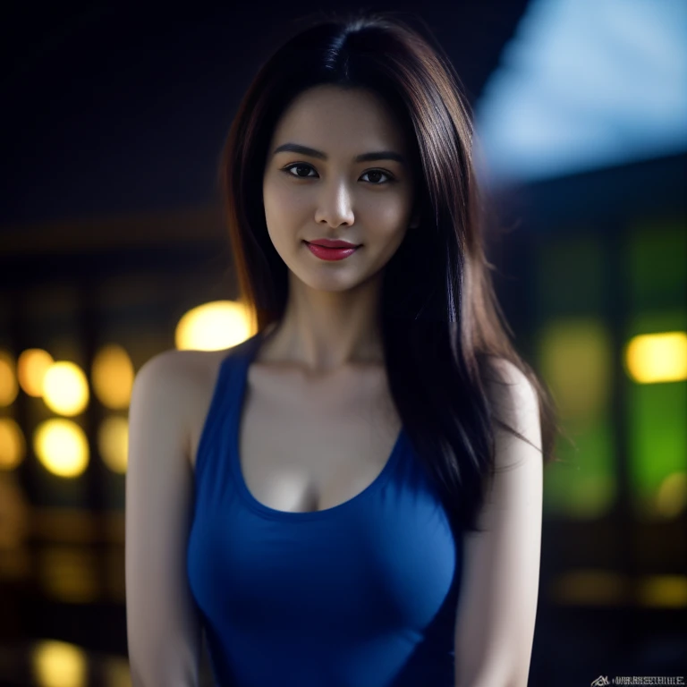 8K images, Shot with a high quality Fuji 45 camera.,000,000 pixels raw photo, best quality, Masterpiece:1.2), (realistic, photo-realistic:1.37), very detailed,
1 woman,cute, Action in various poses, alone,Beautifully detailed sky,nighttime, In an open-air restaurant,) ,big breasts, seductive smile, wide aperture, professional lighting, Sony A7R4, 50mm sessile lens. 2 medium sized breasts,Beautifully detailed eyes,(dark blue t-shirt, Long hair floats up:1.2),floating hair