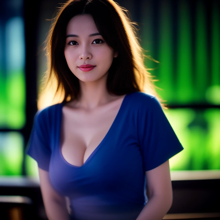 8K images, Shot with a high quality Fuji 45 camera.,000,000 pixels raw photo, best quality, Masterpiece:1.2), (realistic, photo-realistic:1.37), very detailed,
1 woman,cute, Action in various poses, alone,Beautifully detailed sky,nighttime, In an open-air restaurant,) ,big breasts, seductive smile, wide aperture, professional lighting, Sony A7R4, 50mm sessile lens. 2 medium sized breasts,Beautifully detailed eyes,(dark blue t-shirt, Long hair floats up:1.2),floating hair