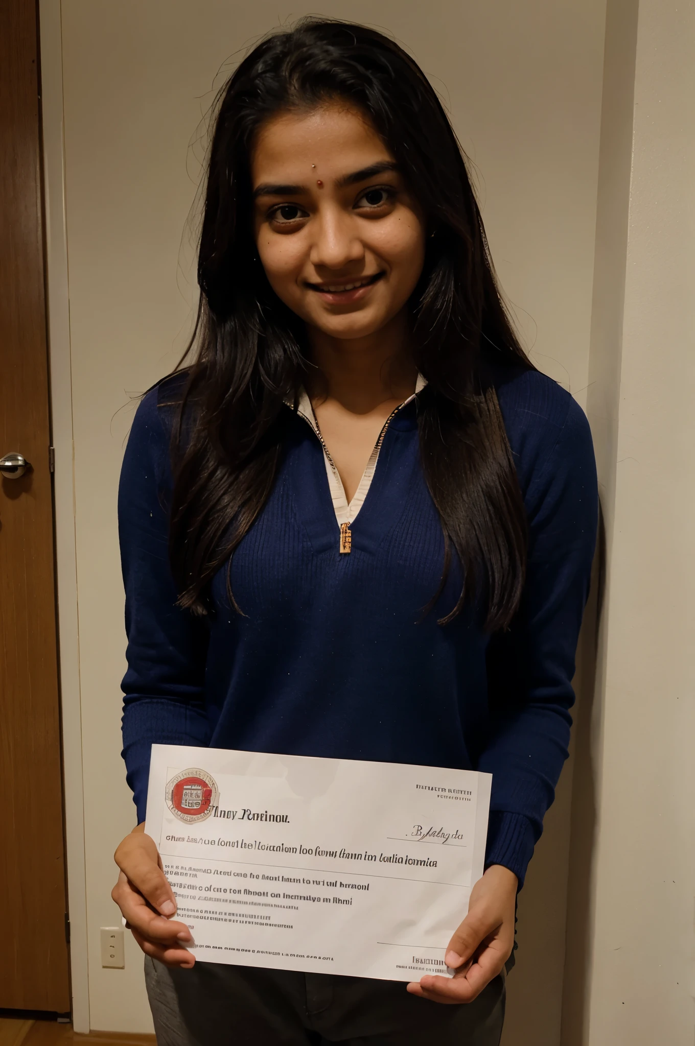 Show Mr. Sharma handing Maya an envelope with the scholarship offer. Maya's eyes fill with tears of joy and gratitude.