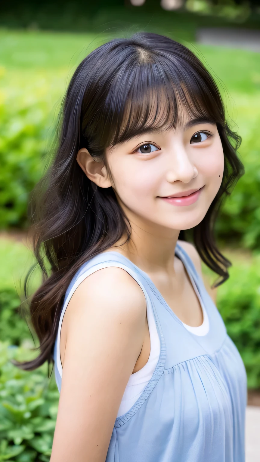 masterpiece High resolution Female student Delicate face very cute natural atmosphere boyish 16 years old Shortcuts Dimples Mole Tanuki face No sleeve Mouth open and fooling around