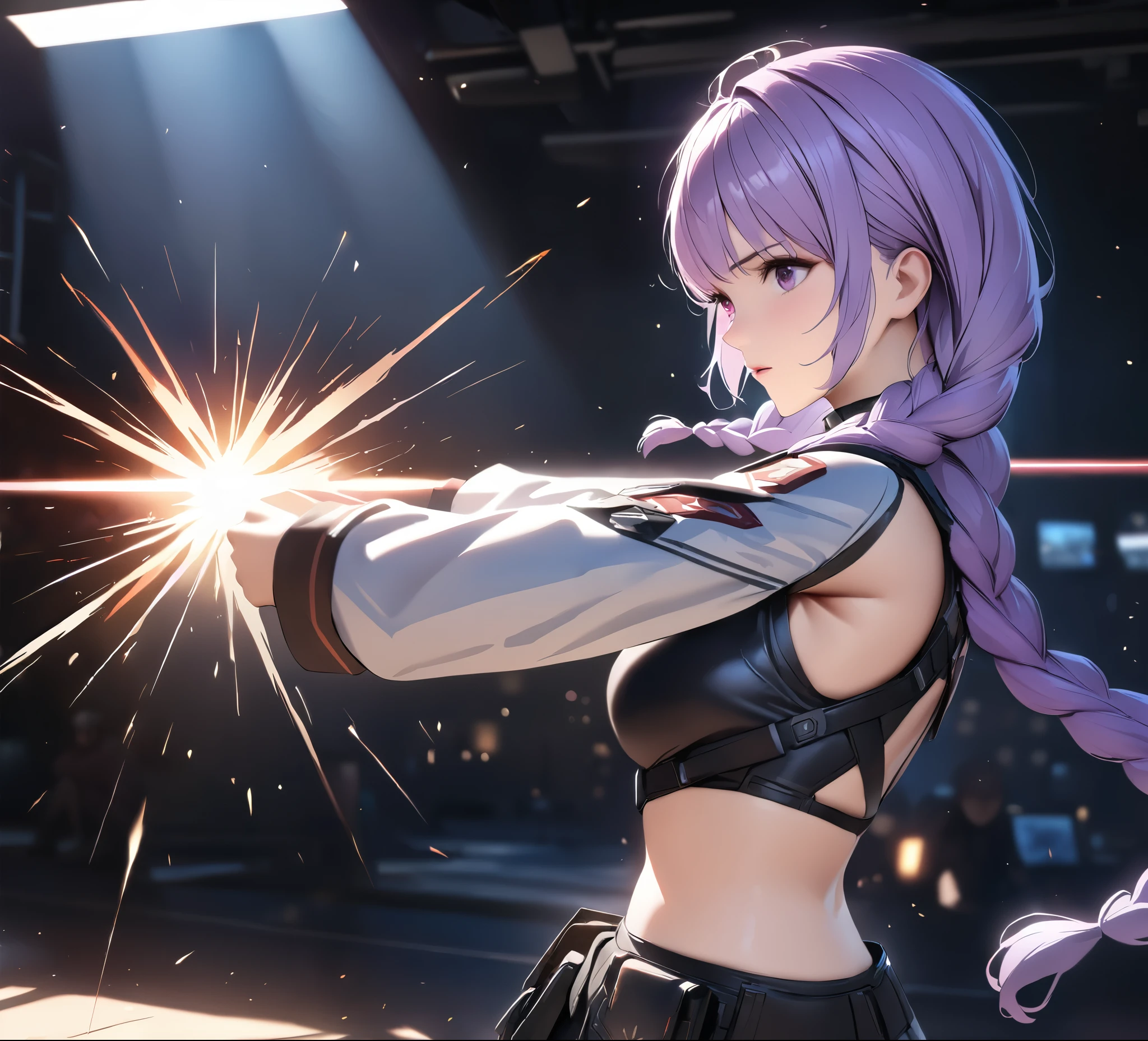 a boy and (a girl with purple and white gradient double braids),Intense showdown, eye contact, tense atmosphere, battle outfits, fierce combat, both enemies and friends, dynamic action capture, interplay of light and shadow, best quality, 4k, 8k, highres, masterpiece:1.2, ultra-detailed, realistic, photorealistic:1.37, HDR, UHD, studio lighting, extreme detail description, professional, vivid colors, bokeh, portraits, action, dramatic lighting