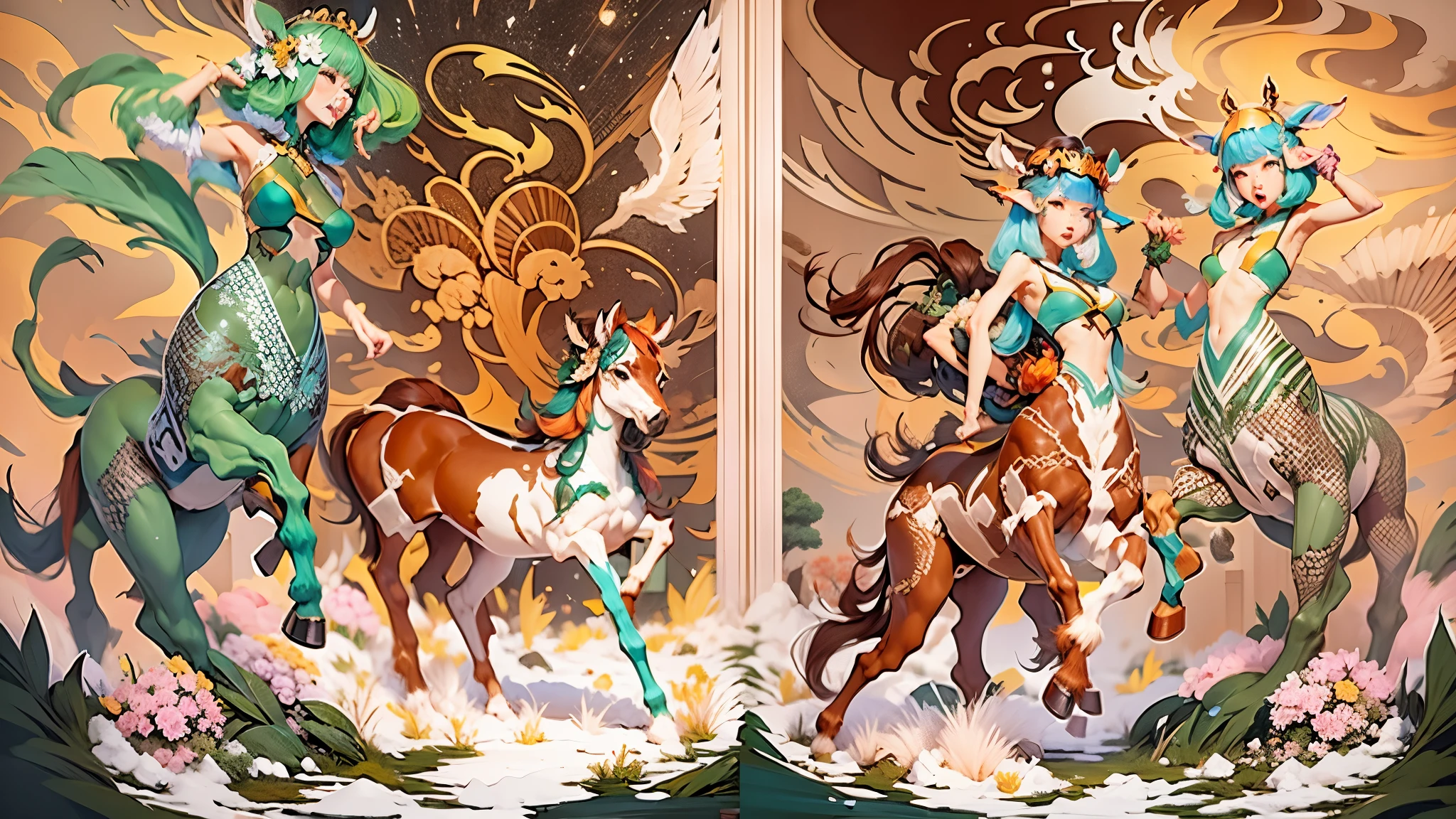 In the beautiful illustration of this super-grand scene，The ultra-distant lens shows us（More than eight distinctive and beautiful Centaur characters：2.7），Their personality、Distinctive and vivid features。from（A radiant, angelic, snow-white centaur from heaven：1.1），arrive（Nightmare-like fiery red centaur surrounded by flames：1.1）、再arrive（Green Centaur, the wind fairy dancing in the air：1.1）、再arrive有（One-horned blue centaur surrounded by lightning：1.1），arrive（A mechanical-style mecha Centaur shining with metallic light：1.1）、再arrive（A powerful dragon-shaped centaur wearing colorful dragon scale leather：1.1）、再arrive（A slender elven centaur that is graceful and agile：1.1）Gracefully wears a flower crown、arrive（Enchanting and charming Tiflin centaurs：1.1）、再arrive（A succubus centaur with an indescribably sexy feeling：1.1）。Each Centaur character fully demonstrates his unique style。The illustration uses advanced artistic techniques and tools，Use nesting、Weaving、Splicing、perspective、interlude、Montage and other artistic techniques，Divide the scene into sections by geometric arrangement，Each part corresponds to a role，from而更有效地利用了空间，Make eight centaurs exist in one picture at the same time，（The style tends to be grotesque、Hayao Miyazaki、Aesthetic、indescribable：3.3）。Through Midjourney's advanced brush tools、Color palette、Material packs和模型包、Texture tools，For each centaur, beautiful props are designed to increase racial characteristics、Clothing and physical features，Enhances the character's personality and visual appeal，（Stunning landscapes in illustrations，There are changing skies、rainbow、aurora、Stars and Moon，Incorporating iconic landmarks such as Mount Everest，and fireworks、Tranquil Lake、Natural and urban elements of waves and neon lights，Creates a magical atmosphere：1.5），Centaurs demonstrate their unique abilities and equipment in a variety of environments，This is true even in extreme alien landscapes。Use Midjourney's tools、Material packs、Texture tools、The color palette makes depicting details vivid and realistic，from复杂的发型和以及不同的种族特质、Body、Appearance features、服装arrive真实的纹理，Greatly improved the realism of the Centaurs and their surroundings，The fusion of multiple art styles adds dynamism to the character&#39;s movement at all angles，The overall visual experience is further enriched。The final illustration was described as a "masterpiece"，It has the characteristics of "best quality" and "realistic"，The details put into the creative process are shown、Level of creativity and craftsmanship。 hdr，（Reality，Masterpiece quality，Best quality）
