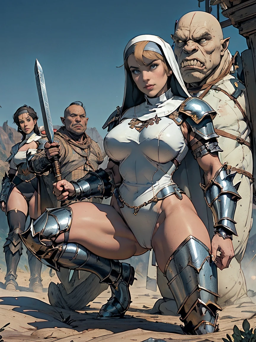 (masterpiece, top quality, best quality, official art, beautiful and aesthetic:1.2), (1girl:1.3), ((Sharp facial features, sharp features, hawkish features)), ((blue eyes)), busty brunette paladin knight girl, extremely detailed, portrait, looking at viewer, solo, (full body:0.6), detailed background, full-body shot, (warm mountain meadow theme:1.1), holy knight, (nun), charlatan, smirk, mysterious, swaying in mountains, armor, polished metal, gold trim, long boots, white fabric, stockings, robe, pale leather, ((((nun, greatsword, heavy armor, armored, long legs, toned, muscular)))), slim waist, slim hips, long legs, medieval (mountain exterior:1.1) background, dark mysterious lighting, shadows, magical atmosphere, dutch angle, ((cameltoe panty)), ((curvy)), ((naked muscular thighs:1.2)), (((attacked by heavy orc warriors:1.2))), (((surrounded:1.2))), ((restrained)), (((beaten))), (((hit in the face:1.2)))
