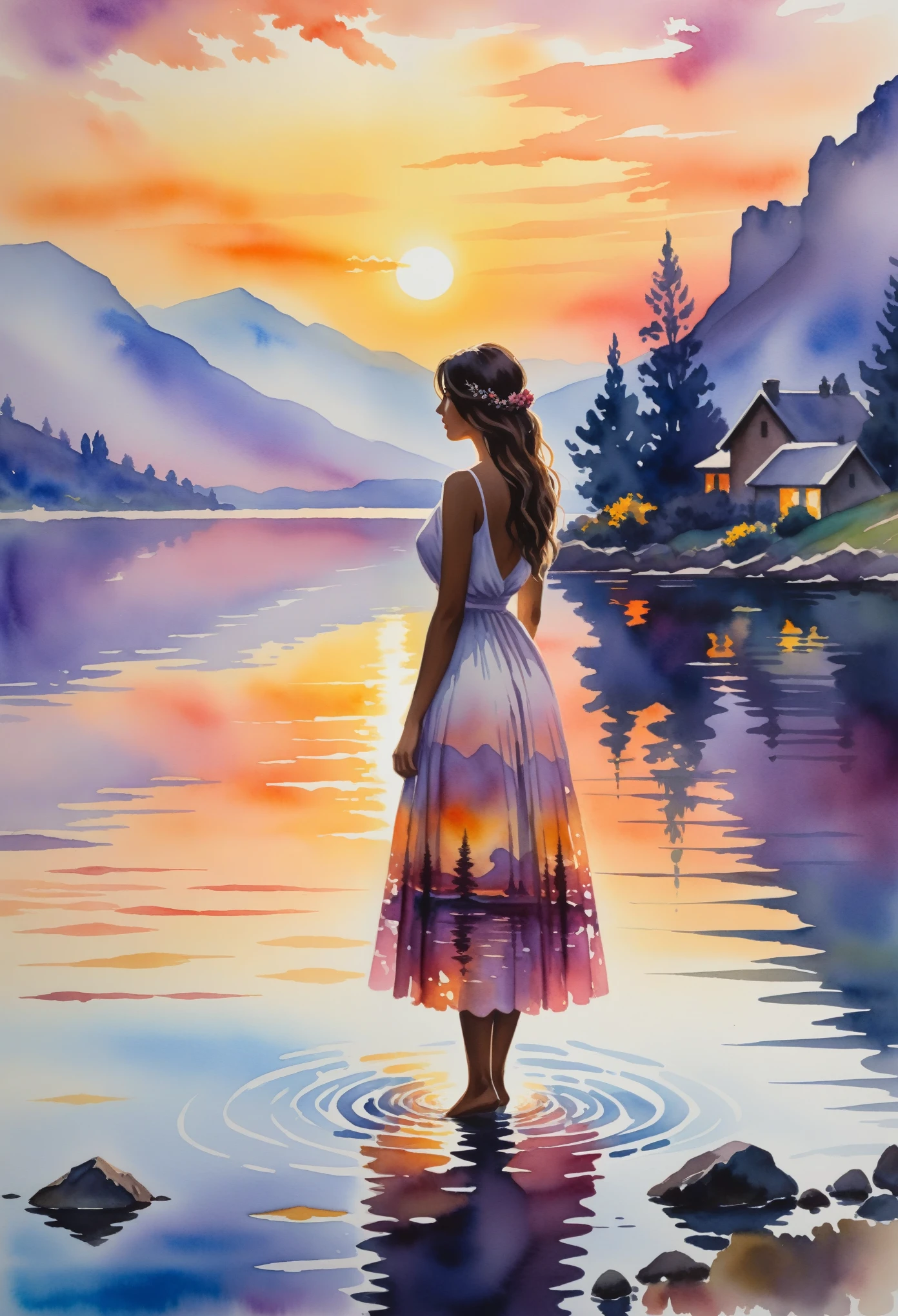 ((Stunning Impressionistic watercolour painting)), ((Epic masterpiece of Monet)), ((highest quality, Highest image quality, High resolution, 8K)), in focus A silhouette of a beautiful seductive Girl posing near a lake at fantastic sunset, with mountains in the background and calm waters reflecting lucient hues.