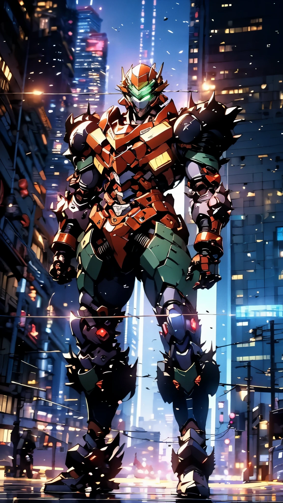 A man wearing a full-face helmet, a fantasy-style biotech armored combat suit, green eyes, (a composite layered chest armor), fully enclosed shoulder guards, matching arm and leg guards, the belt is adorned with exhaust pipes, (the color scheme is primarily black glow with green and red accents), the design balances heavy with agility, a high-tech bio-mecha armor, (Armor Concept Inspired by Cyberpunk motorcycle, stand on the top of a skyscraper in a futuristic sci-fi city), this character embodies a finely crafted fantasy-surreal style armored hero in anime style, exquisite and mature manga art style, (battle damage, element, plasma, energy, the armor glows), ((male:1.5)), metallic, real texture material, dramatic, high definition, best quality, highres, ultra-detailed, ultra-fine painting, extremely delicate, professional, perfect body proportions, golden ratio, anatomically correct, symmetrical face, extremely detailed eyes and face, high quality eyes, creativity, RAW photo, UHD, 32k, Natural light, cinematic lighting, masterpiece-anatomy-perfect, masterpiece:1.5