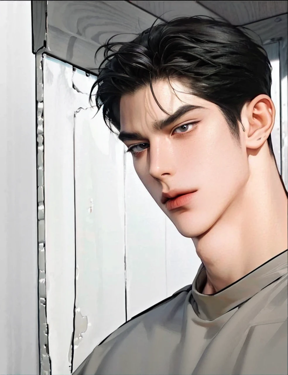 4k, high resolution, best quality, masterpiece, perfect color, perfect shade, perfect lighting, Posted by e621, ((portrait)), ((handsome man)), perfect male figure, Short hair details,chest muscles,abdominal muscles,Naked torso, Detailed face, perfect face, (stood up), Detailed background, ((Bonifasco Lighting)), (black eyes),(), black hair, angry