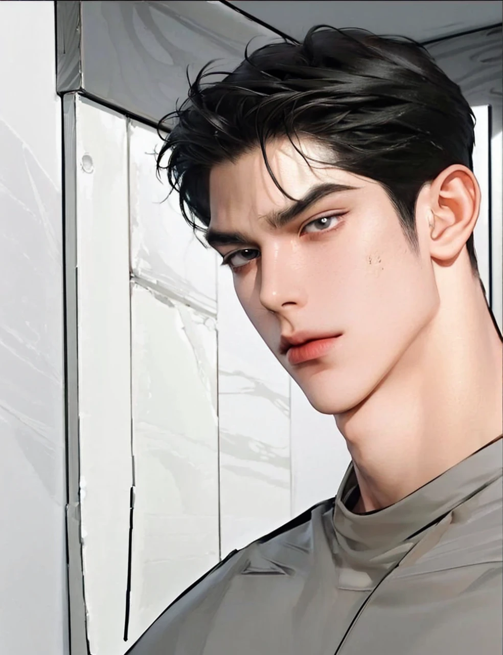 4k, high resolution, best quality, masterpiece, perfect color, perfect shade, perfect lighting, Posted by e621, ((portrait)), ((handsome man)), perfect male figure, Short hair details，chest muscles，abdominal muscles，Naked torso,  Detailed face, perfect face, (stood up), Detailed background, ((Bonifasco Lighting)), (black eyes),(), black hair, angry