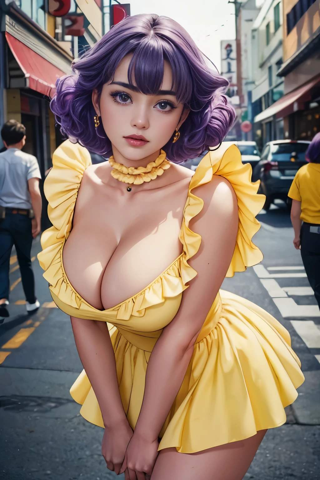 (realistic, photo-realistic:1.4), (masterpiece, best quality:1.2), RAW photo, high resolution, intricate details, extremely detailed, finely detailed, cinematic lighting, depth of field, (portrait, frontal photography, looking at viewer), mami, solo, 1girl, a  Japanese idol, standing, seductive pose, short hair curls, bangs, hair between eyes, (purple hair), extremely detailed face, beautiful detailed eyes, pale skin, (huge breasts, cleavage:1.3), (choker, pastel yellow dress, frilled dress, frilled socks, high heels), photo background, outdoors, downtown, daytime, sunny,,