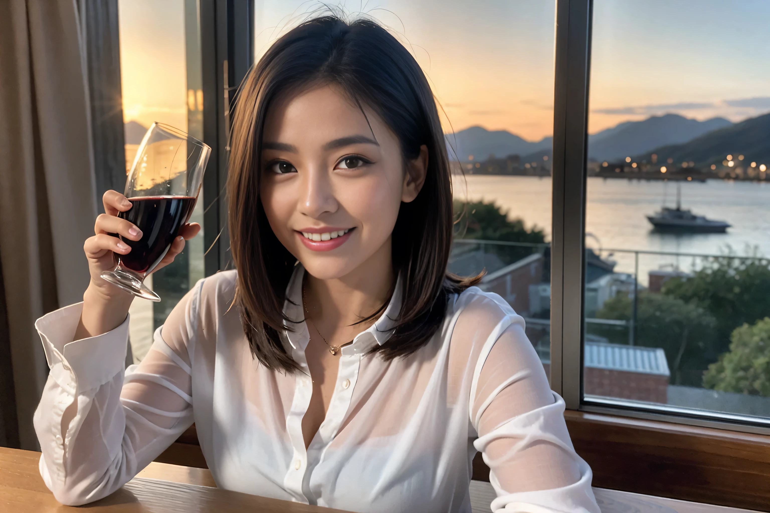 ((highest quality、8k、masterpiece:1.3))、Sharp focus:1.2、Beautiful woman perfect body:1.4、Slim body、((Bob Hale、Straight hair:1.2))、(to be born, highest quality, masterpiece:1.5), (Realistic, Intricate details:1.2), Ultra-high resolution, Shine light on your face、Amazing view of the sunset sky and clouds、Amazing mountain views、A bright smile、wine glass、red wine 、Appetizers、Italian food、Wine bottle、Champagne、sparkling wine、, Beautiful Face, blue eyes, The light shines on your face, Blushing, short hair,Bright Face、Fox face、 (36 years old), 39 years old, Lady、Two beauties、Brown Hair、Shortcuts、Long sleeve shirt、dress、Pretty Woman 1, (Slim face), (The body is slim), (Brown Hair), (Shortcuts), cheeks turn a little red,Attractive beauty、, Out of the window, A beautiful and detailed night view unfolds.........., restaurant, In a prominent place (From the waist up) Nova Frog Style, actress, model, Upper Body, White wine, slim, wine glass, Wine glass placed in the center, smile, (smile: 1.15), Beautiful fine grain, Depth f/2,saturation, High Contrast, Strong light and shadow,Moist Body:1.5、3D texture、Delicate eyes、Brown Hair、The hair is very shiny、