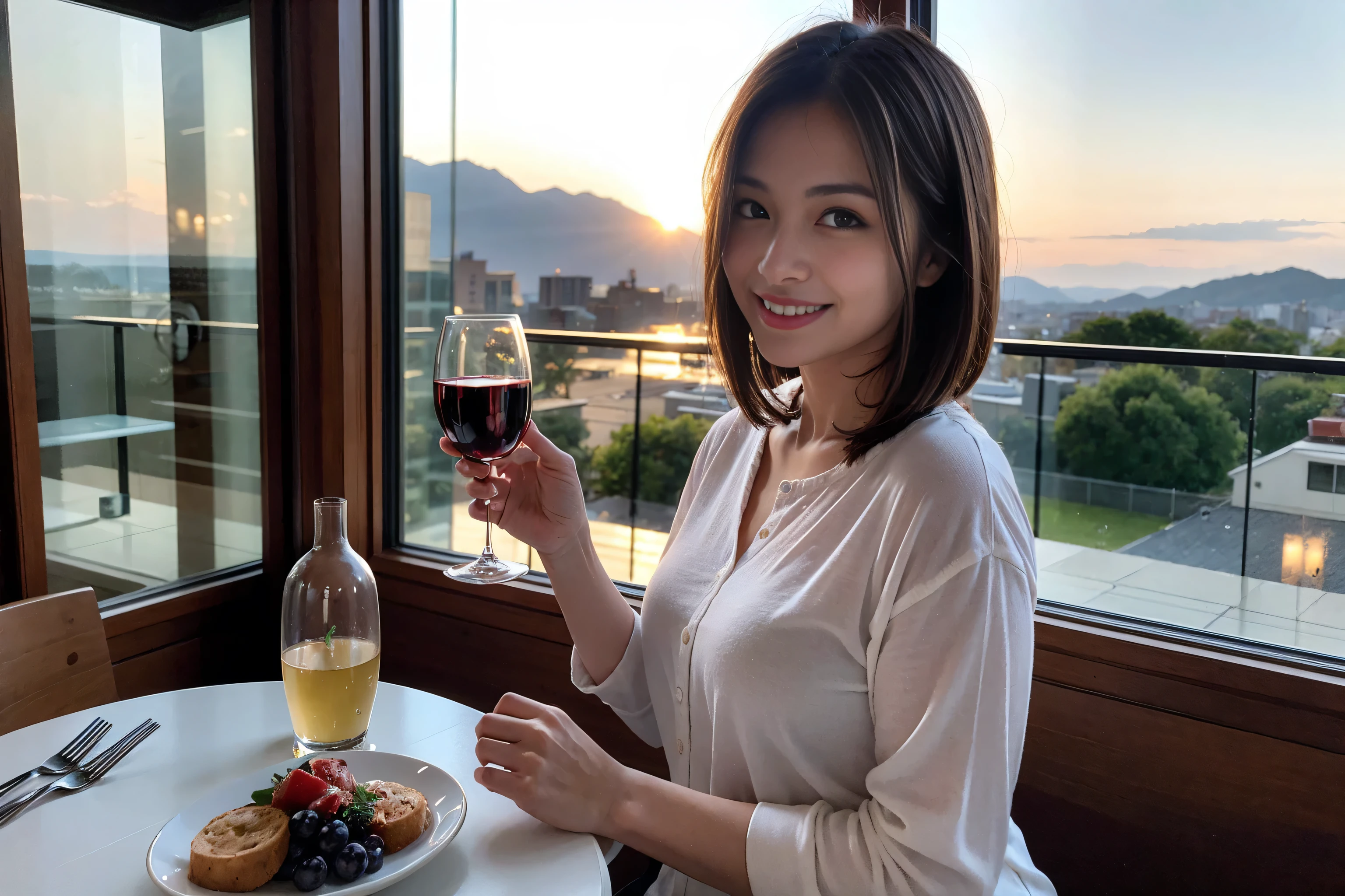 ((highest quality、8k、masterpiece:1.3))、Sharp focus:1.2、Beautiful woman perfect body:1.4、Slim body、((Bob Hale、Straight hair:1.2))、(to be born, highest quality, masterpiece:1.5), (Realistic, Intricate details:1.2), Ultra-high resolution, Shine light on your face、Amazing view of the sunset sky and clouds、Amazing mountain views、A bright smile、wine glass、red wine 、Appetizers、Italian food、Wine bottle、Champagne、sparkling wine、, Beautiful Face, blue eyes, The light shines on your face, Blushing, short hair,Bright Face、Fox face、 (36 years old), 39 years old, Lady、Two beauties、Brown Hair、Shortcuts、Long sleeve shirt、dress、Pretty Woman 1, (Slim face), (The body is slim), (Brown Hair), (Shortcuts), cheeks turn a little red,Attractive beauty、, Out of the window, A beautiful and detailed night view unfolds.........., restaurant, In a prominent place (From the waist up) Nova Frog Style, actress, model, Upper Body, White wine, slim, wine glass, Wine glass placed in the center, smile, (smile: 1.15), Beautiful fine grain, Depth f/2,saturation, High Contrast, Strong light and shadow,Moist Body:1.5、3D texture、Delicate eyes、Brown Hair、The hair is very shiny、