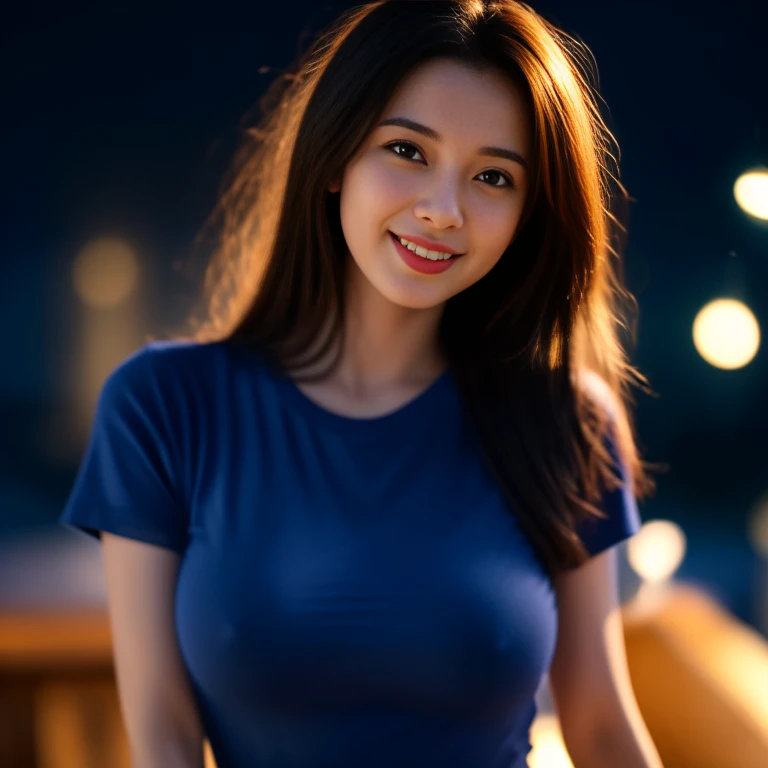 8K images, Shot with a high quality Fuji 45 camera.,000,000 pixels raw photo, best quality, Masterpiece:1.2), (realistic, photo-realistic:1.37), very detailed,
1 woman,cute, Action in various poses, alone,Beautifully detailed sky,nighttime, In an open-air restaurant,) ,big breasts, seductive smile, wide aperture, professional lighting, Sony A7R4, 50mm sessile lens. 2 medium sized breasts,Beautifully detailed eyes,(dark blue t-shirt, Long hair floats up:1.2),floating hair