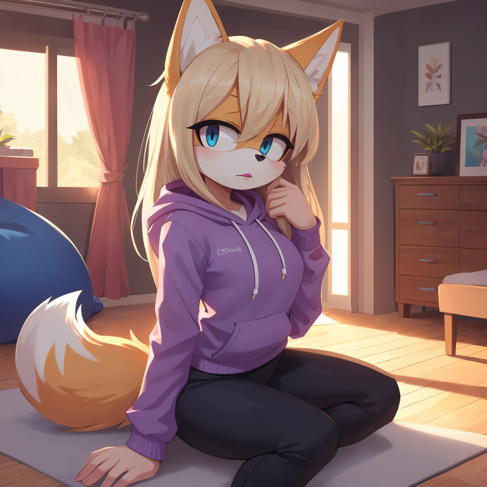 score_9, score_8_up, 2D, bedroom, indoors, looking at viewer, (1girl), (solo), very detailed, extremely detailed, from the sonic the hedgehog series, Female, Mobian, Fox, above shoulder, portrait, eyes half closed, tired expression, sound lines, light on the lipstick, hair down, long hair, purple cropped hoodie, black yoga pants, fox tail, sitting, beanbag chair, large bust, light ash grayish blonde colored fur, light ash grayish blonde colored hair, blue eyes