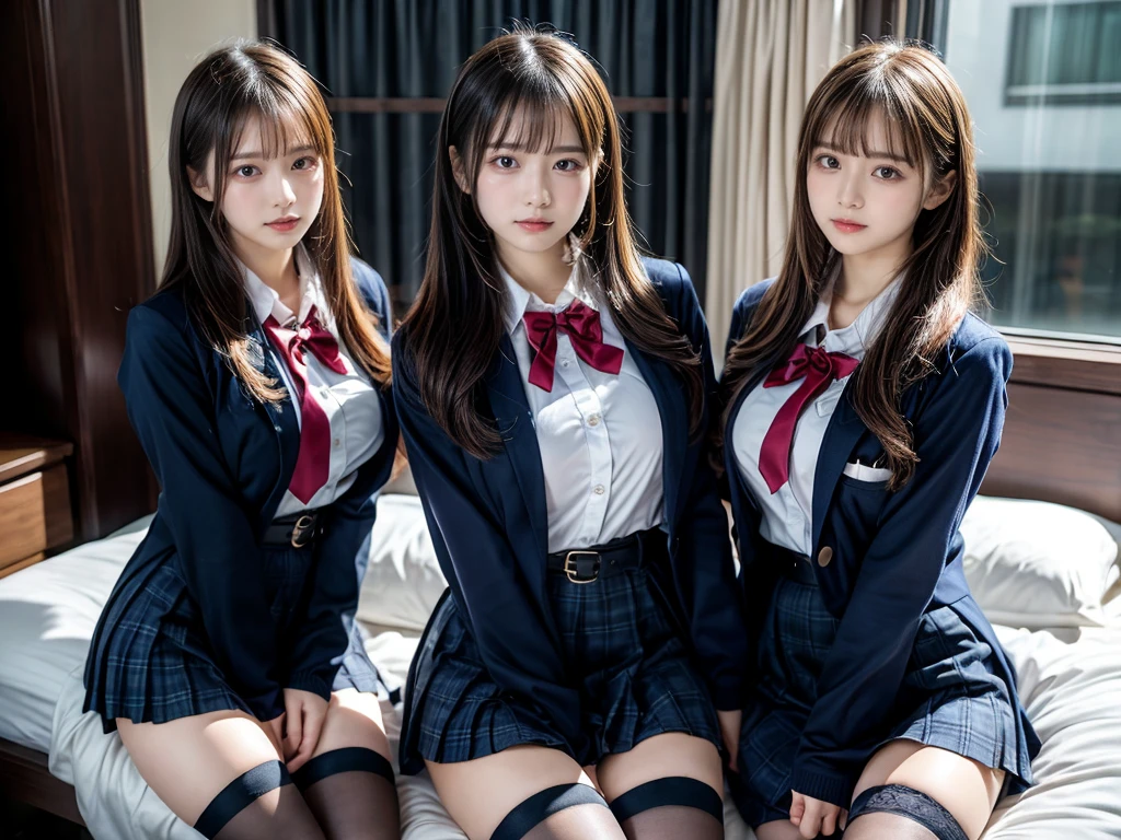 (8K, Raw photography, top-quality, masterpiece:1.2), master piece, best quality, illustration, Super detailed, fine details, High resolution, 8K,wall paper, perfect dynamic composition,(Details High quality, realistic depiction of eyes:1.3), ((2 girls, 2 schoolgirls)), The background is a luxury hotel room、High school girl uniform、blazer 、Super Short Check Uniform Skirt、Navy blue high socks、garterbelts、Colossal tits、Disturbed uniform, Play with each other,Touching each other's bodies,Touching the body of the girl next door, short bob hair, black hair color, huge breasts, Big Natural Color Lip, bold sexy pose, (perfect body shape), crying a little、cold gaze, Beautiful makeup,glitter makeup,Cutest 18 years old, beautiful legs, hposing Gravure Idol, Voluptuous thighs