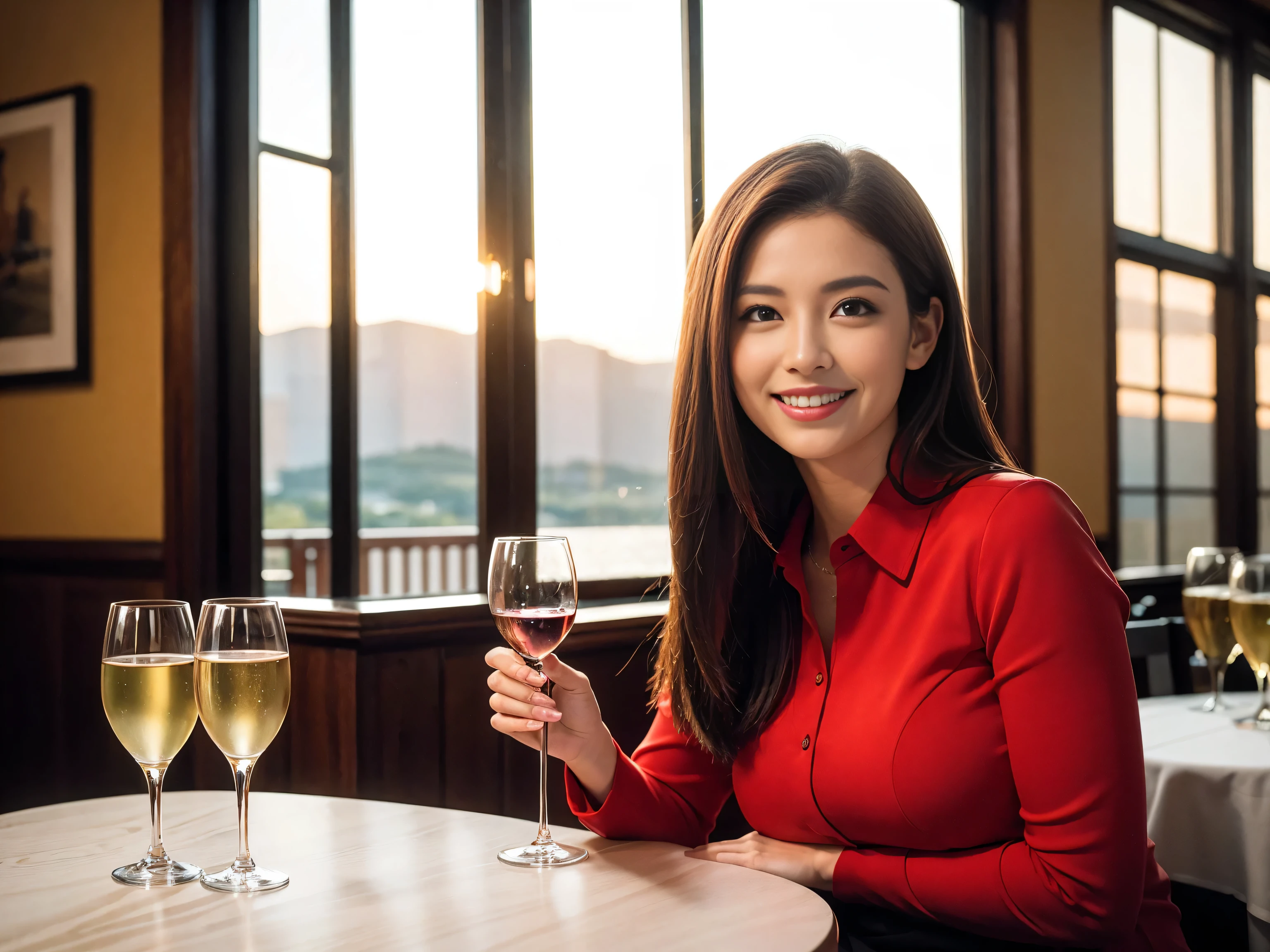 ((highest quality、8k、masterpiece:1.3))、Sharp focus:1.2、Beautiful woman perfect body:1.4、Slim body、((Bob Hale、Straight hair:1.2))、(to be born, highest quality, masterpiece:1.5), (Realistic, Intricate details:1.2), Wine glass on the table、Put the light on your face、 Amazing view of the sunset sky and clouds、Amazing mountain views、A bright smile、A lovely woman with a smile、Bright image、The beauty of wine, Beautiful Face, blue eyes, The light shines on your face, Blushing, short hair,Bright Face、Fox face、 (43 years old), 39 years old, Lady、red wine 、Appetizers、Italian food、Wine bottle、Champagne、sparkling wine、Two beauties、Brown Hair、Shortcuts、Long sleeve shirt、dress、Pretty Woman 1, (Slim face), (The body is slim), (Brown Hair), (Shortcuts), cheeks turn a little red,Attractive beauty、, Out of the window, A beautiful and detailed night view unfolds.........., restaurant, In a prominent place (From the waist up) Nova Frog Style, actress, model, Upper Body, White wine, slim, wine glass, Wine glass placed in the center, smile, (smile: 1.15), Beautiful fine grain, Depth f/2,saturation, High Contrast, Strong light and shadow,Moist Body:1.5、3D texture、Delicate eyes、Brown Hair、The hair is very shiny、