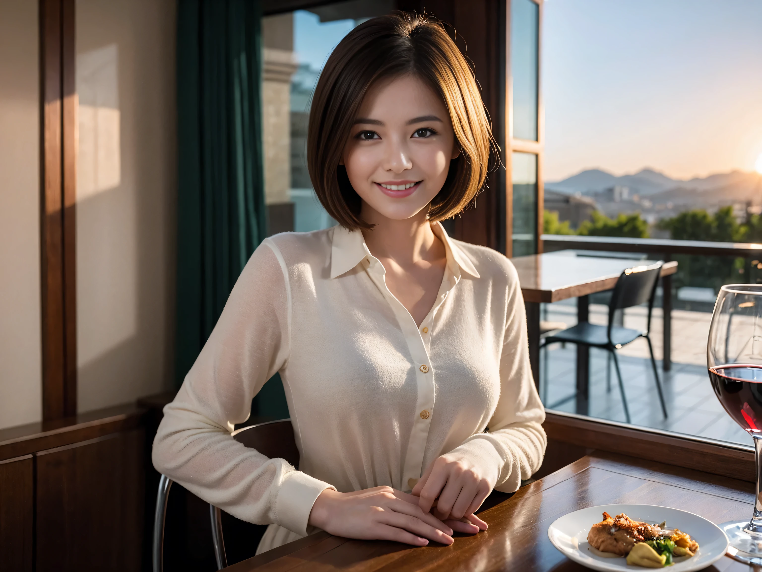 ((highest quality、8k、masterpiece:1.3))、Sharp focus:1.2、Beautiful woman perfect body:1.4、Slim body、((Bob Hale、Straight hair:1.2))、(to be born, highest quality, masterpiece:1.5), (Realistic, Intricate details:1.2), Wine glass on the table、Put the light on your face、 Amazing view of the sunset sky and clouds、Amazing mountain views、A bright smile、A lovely woman with a smile、Bright image、The beauty of wine, Beautiful Face, blue eyes, The light shines on your face, Blushing, short hair,Bright Face、Fox face、 (43 years old), 39 years old, Lady、red wine 、Appetizers、Italian food、Wine bottle、Champagne、sparkling wine、Two beauties、Brown Hair、Shortcuts、Long sleeve shirt、dress、Pretty Woman 1, (Slim face), (The body is slim), (Brown Hair), (Shortcuts), cheeks turn a little red,Attractive beauty、, Out of the window, A beautiful and detailed night view unfolds.........., restaurant, In a prominent place (From the waist up) Nova Frog Style, actress, model, Upper Body, White wine, slim, wine glass, Wine glass placed in the center, smile, (smile: 1.15), Beautiful fine grain, Depth f/2,saturation, High Contrast, Strong light and shadow,Moist Body:1.5、3D texture、Delicate eyes、Brown Hair、The hair is very shiny、