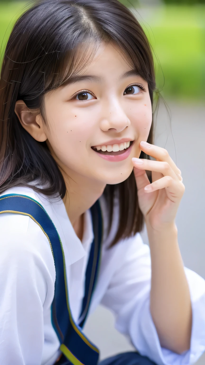 masterpiece　High resolution　Female student　Delicate face　very cute　natural atmosphere　boyish　　Shortcuts　Dimples　Mole　Tanuki face　No sleeve　Open your mouth wide　Making fun of them　　