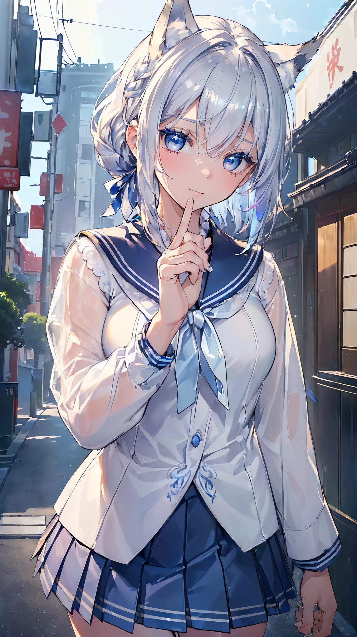 (((Masterpiece))), (((Highest quality))), ((Ultra-detailed)), ((Super fine illustration)), ((Ultra-fine painting)), (16K highest quality wallpaper:1.4), (Upper body:1.6), HDR, (Highly detailed and delicate illustration style:1.8), Detailed skin texture, Detailed cloth texture, Extreme detailed description, (T-masterpiece), (Highly detailed face:1.4)、(Highly detailed silver fox ears:1.2), (Highly detailed and shiny silver hair:1.2), (Highly delicate and clear blue eyes:1.2), Original, RAW photo, Professional, Intricate details, Super details, Direct light:1.6, (Perfect anatomy:1.4), (Highly detailed hands:1.2), (Highly detailed fingers:1.2), (Highly detailed fingertips:1.2), (18-years-old), (Solo:1.8), Real, (Sexy), (Sexy), ((Very beautiful and attractive silver fox female model in Japanese high school:1.4))
BRAKE
(Beautiful and adorable silver fox ears:1.6), (Highly detailed and delicate silver fox ears:1.2), (Beautiful and well-shaped big breasts:1.2), (Beautiful and well-shaped buttocks), (Very beautiful and shiny rainbow-colored hair, colorful hair:1.6), (Very beautiful and transparent blue eyes that shine in iridescent colors, colorful eyes:1.5), (Beautiful clear blue eyes with sparkling details:1.6), (Highly detailed face:1.4), (Smile:1.3), (looking at viewer:1.4)
BRAKE
(Very detailed and delicate (Sailor blouse, skirt:1.5) or (Blazer with ribbon or tie, white shirt and checked pleated skirt:1.5) for spring:1.2)
BRAKE
(day time:1.2), Walking to school, ((Very detailed and delicate street in Harajuku in Tokyo:1.6)), (Highly detailed and delicate background:1.4)
BRAKE