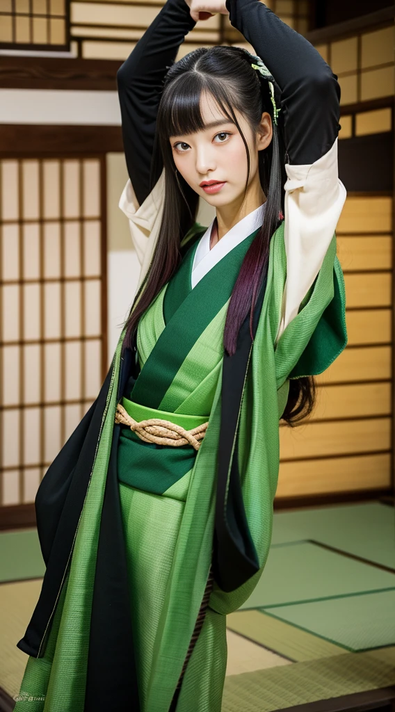 Careful depiction of faces，One Lady，(camellia kimono)，(long flowing black and green hair)，Simple and elegant kimono，collar，(Black socks，geta)， Perfect face， Perfect hands， Perfect Fingers， Perfect Lips， Perfect Eyes，Extremely normal body，Ancient Japan town background，The perfect background