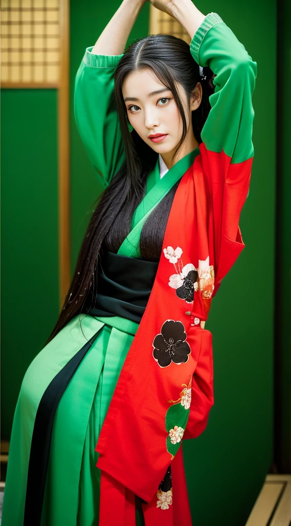 Careful depiction of faces,One Lady,(camellia kimono),(long flowing black and green hair),Simple and elegant kimono,collar,(Black socks,geta), Perfect face, Perfect hands, Perfect Fingers, Perfect Lips, Perfect Eyes,Extremely normal body,Ancient Japan town background,The perfect background