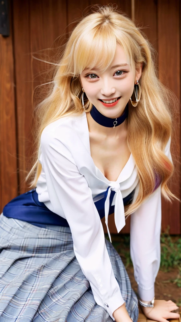 masterpiece, highest quality, High resolution, kitagawa marin, One girl, Blonde Hair, Long Hair, Multicolored Hair, Red eyes, jewelry, Earrings, Earrings, , White shirt, tie shirt, Black choker, Blue tie, Checked skirt, Grin, smile, Are standing, Cowboy Shot, Outdoor,