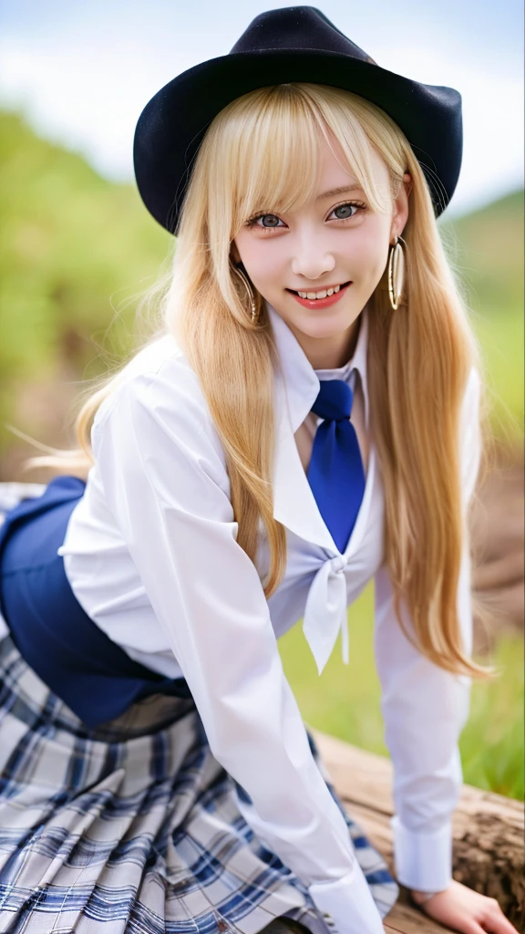masterpiece, highest quality, High resolution, kitagawa marin, One girl, Blonde Hair, Long Hair, Multicolored Hair, Red eyes, jewelry, Earrings, Earrings, , White shirt, tie shirt, Black choker, Blue tie, Checked skirt, Grin, smile, Are standing, Cowboy Shot, Outdoor,