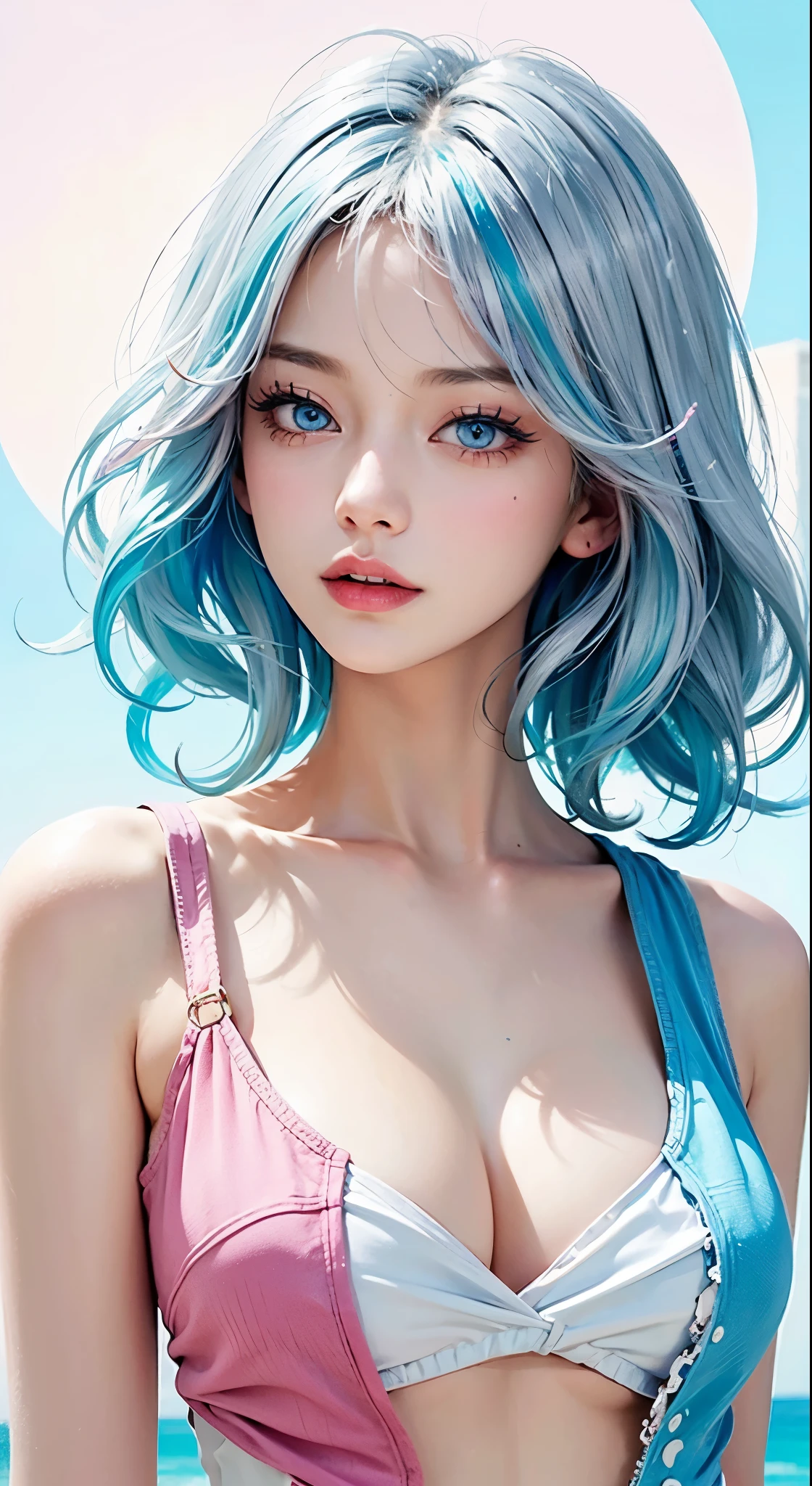 （masterpiece、best quality、high resolution），（Colorful background，（splash of conk splatter，splash of color）），Sweet girl，light blueshort hair，short hair，[light blue|pink]hair，curls，blue eyes，flash，pink lips，（Splash color，（white shirt），front，Whole BodyEsbian:0.6，Volumetric lighting，splash of color，Color explosion，Surrounded by colorful splashes