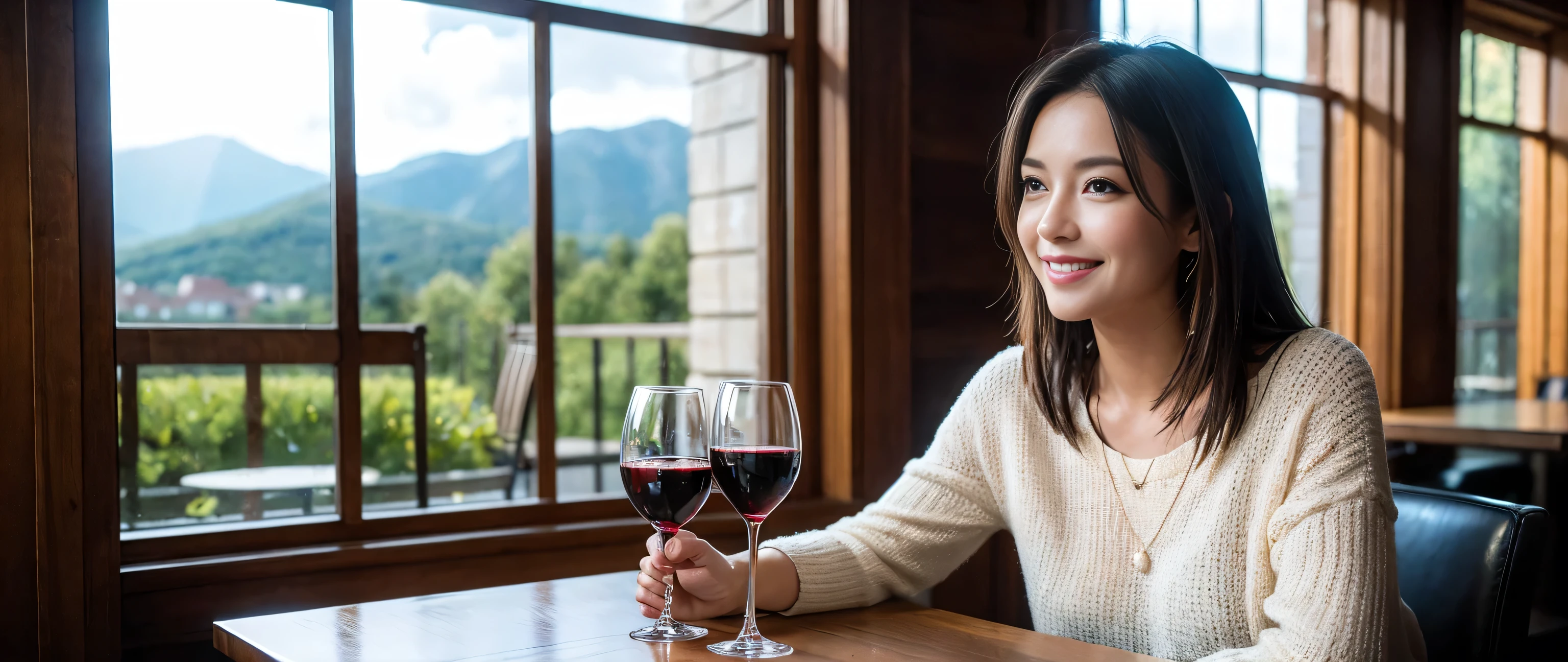 ((highest quality、8k、masterpiece:1.3))、1 male、1 female、Couple、spouse、Couple、Slim body、((Bob Hale、Straight hair:1.2))、(Realistic, Intricate details:1.2), Wine glass on the table、Shine light on your face、 Amazing view of the sunset sky and clouds、Amazing mountain views、A bright smile、A lovely woman with a smile、Bright image、2. The beauty of wine, Beautiful Face, blue eyes, The light shines on your face, Blushing, short hair,Bright Face、Fox face、 (40 years old), 39 years old, Lady、red wine 、Appetizers、Italian food、Wine bottle、Champagne、sparkling wine、Two beauties、Brown Hair、Shortcuts、Long sleeve shirt、dress、Pretty Woman 1, (Slim face), (The body is slim), (Brown Hair), (Shortcuts), cheeks turn a little red,Attractive beauty、, Out of the window, A beautiful and detailed night view unfolds.........., restaurant, In a prominent place (From the waist up) Nova Frog Style, actress, model, Upper Body, White wine, slim, wine glass, Wine glass placed in the center, smile, (smile: 1.15), Beautiful fine grain, Depth f/2,saturation, High Contrast, Strong light and shadow,Moist Body:1.5、3D texture、Delicate eyes、Brown Hair、The hair is very shiny、