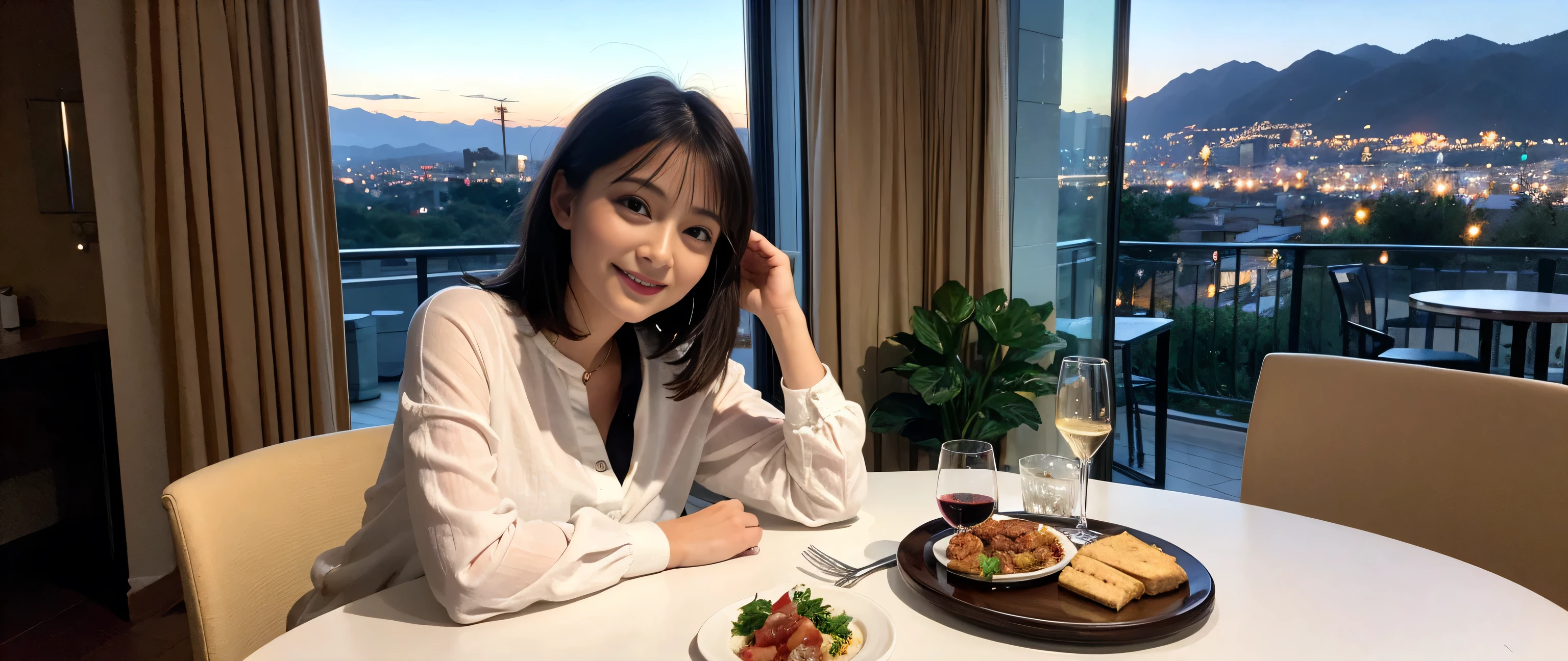 ((highest quality、8k、masterpiece:1.3))、1 male、1 female、Couple、spouse、Couple、Slim body、((Bob Hale、Straight hair:1.2))、(Realistic, Intricate details:1.2), Wine glass on the table、Shine light on your face、 Amazing view of the sunset sky and clouds、Amazing mountain views、A bright smile、A lovely woman with a smile、Bright image、2. The beauty of wine, Beautiful Face, blue eyes, The light shines on your face, Blushing, short hair,Bright Face、Fox face、 (40 years old), 39 years old, Lady、red wine 、Appetizers、Italian food、Wine bottle、Champagne、sparkling wine、Two beauties、Brown Hair、Shortcuts、Long sleeve shirt、dress、Pretty Woman 1, (Slim face), (The body is slim), (Brown Hair), (Shortcuts), cheeks turn a little red,Attractive beauty、, Out of the window, A beautiful and detailed night view unfolds.........., restaurant, In a prominent place (From the waist up) Nova Frog Style, actress, model, Upper Body, White wine, slim, wine glass, Wine glass placed in the center, smile, (smile: 1.15), Beautiful fine grain, Depth f/2,saturation, High Contrast, Strong light and shadow,Moist Body:1.5、3D texture、Delicate eyes、Brown Hair、The hair is very shiny、