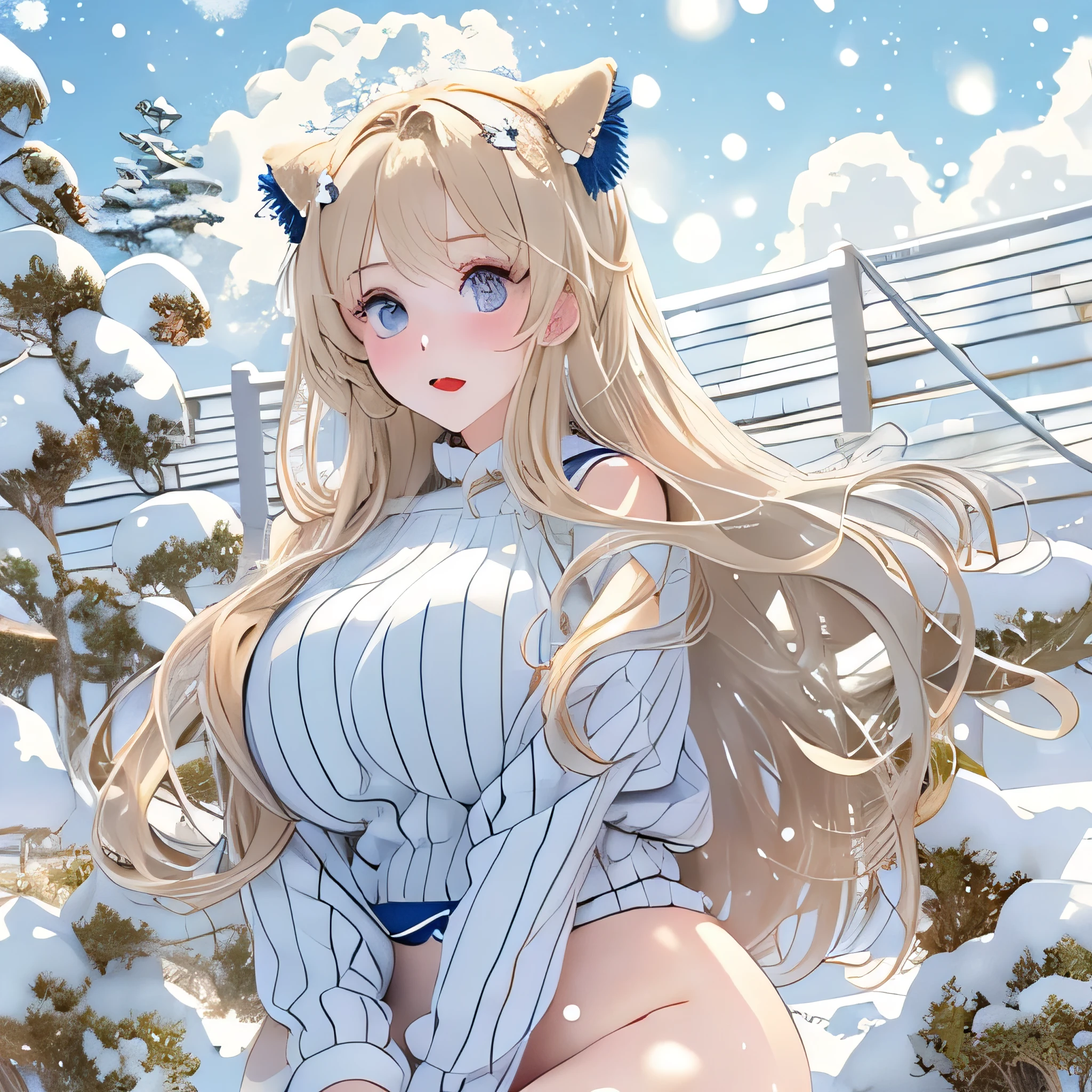 Very large O cup breasts、Shapely breasts 、 Show off your breasts、Silky shiny skin、sexy, Very beautiful lovely face、Cute Face、 Gorgeous silky blonde hair、pale blue eyes、 Bangs swaying in front of the face、A beautiful and cute 20-year-old woman、 Big and ample breasts、 she spreads her legs wide and flaunts、Showing very large breasts、 Plump、Super glamorous、Are fat、Bigfoot、Big body、 Chubby、Beautiful thighs、Low - Angle、Scene looking up from below、 Chubby weighs 120kg、 Fat guy、cute、smile、Very glamorous、Fishnet tights、Nordic women、nude、Beautiful clear white skin、ponytail、Wearing a grey sweater、Snow Scene、Japanese countryside、Akita Prefecture in Winter、blue sky