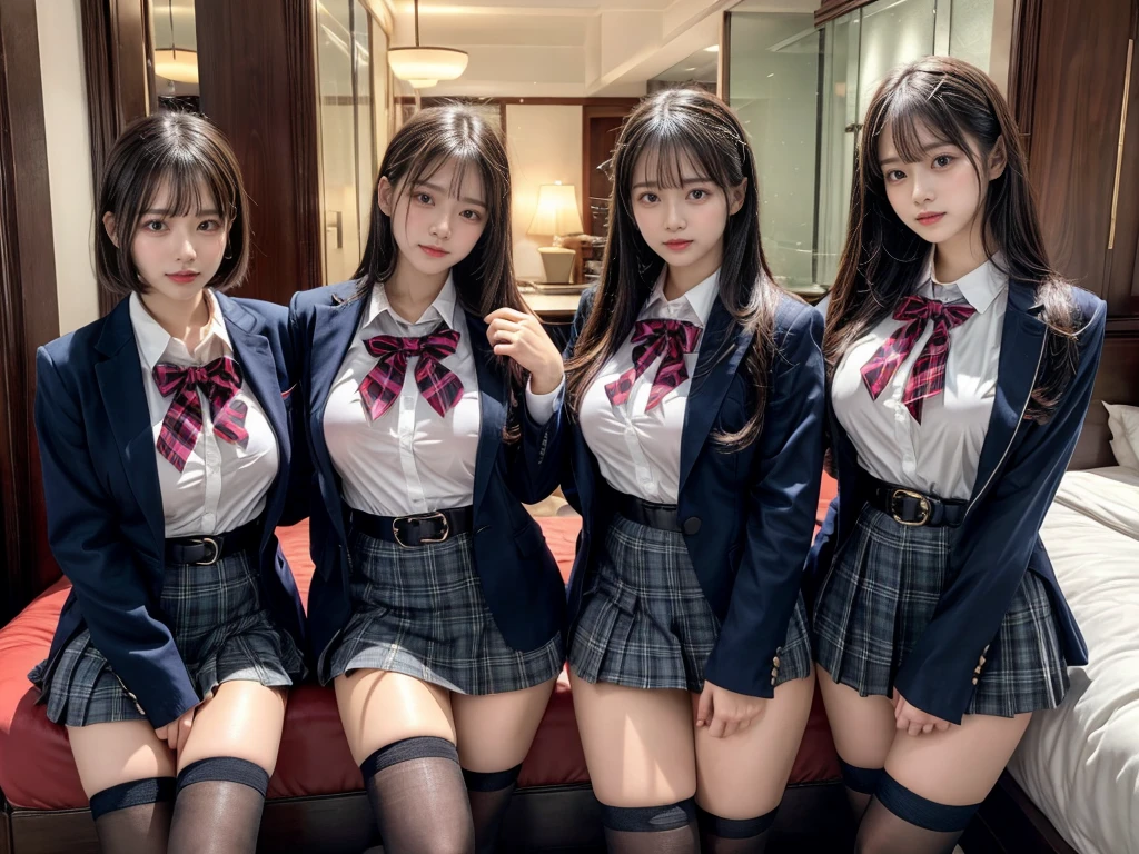 (8K, Raw photography, top-quality, ​masterpiece:1.2), master piece, best quality, illustration, Super detailed, fine details, High resolution, 8K,wall paper, perfect dynamic composition,(Details High quality, realistic depiction of eyes:1.3), ((2 girls, 2 schoolgirls)), The background is a luxury hotel room、High school girl uniform、blazer 、Super Short Check Uniform Skirt、Navy blue high socks、garterbelts、Colossal tits、Disturbed uniform, Play with each other,Touching each other's bodies,Touching the body of the girl next door, short bob hair, black hair color, huge breasts, Big Natural Color Lip, bold sexy pose, (perfect body shape), crying a little、cold gaze,  Beautiful makeup,glitter makeup,Cutest 18 years old, beautiful legs, hposing Gravure Idol, Voluptuous thighs
