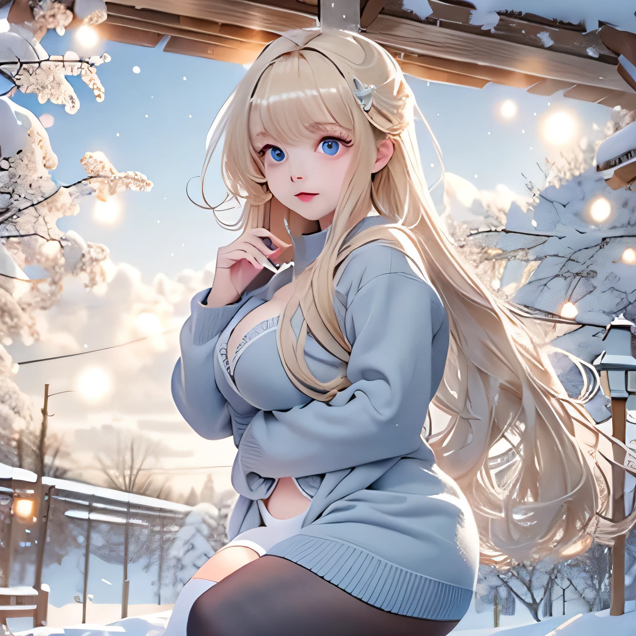 Very large O cup breasts、Shapely breasts 、 Show off your breasts、Silky shiny skin、sexy, Very beautiful lovely face、Cute Face、 Gorgeous silky blonde hair、pale blue eyes、 Bangs swaying in front of the face、A beautiful and cute 20-year-old woman、 Big and ample breasts、 she spreads her legs wide and flaunts、Showing very large breasts、 Plump、Super glamorous、Are fat、Bigfoot、Big body、 Chubby、Beautiful thighs、Low - Angle、Scene looking up from below、 Chubby weighs 120kg、 Fat guy、cute、smile、Very glamorous、Fishnet tights、Nordic women、nude、Beautiful clear white skin、ponytail、Wearing a grey sweater、Snow Scene、Japanese countryside、Akita Prefecture in Winter、blue sky
