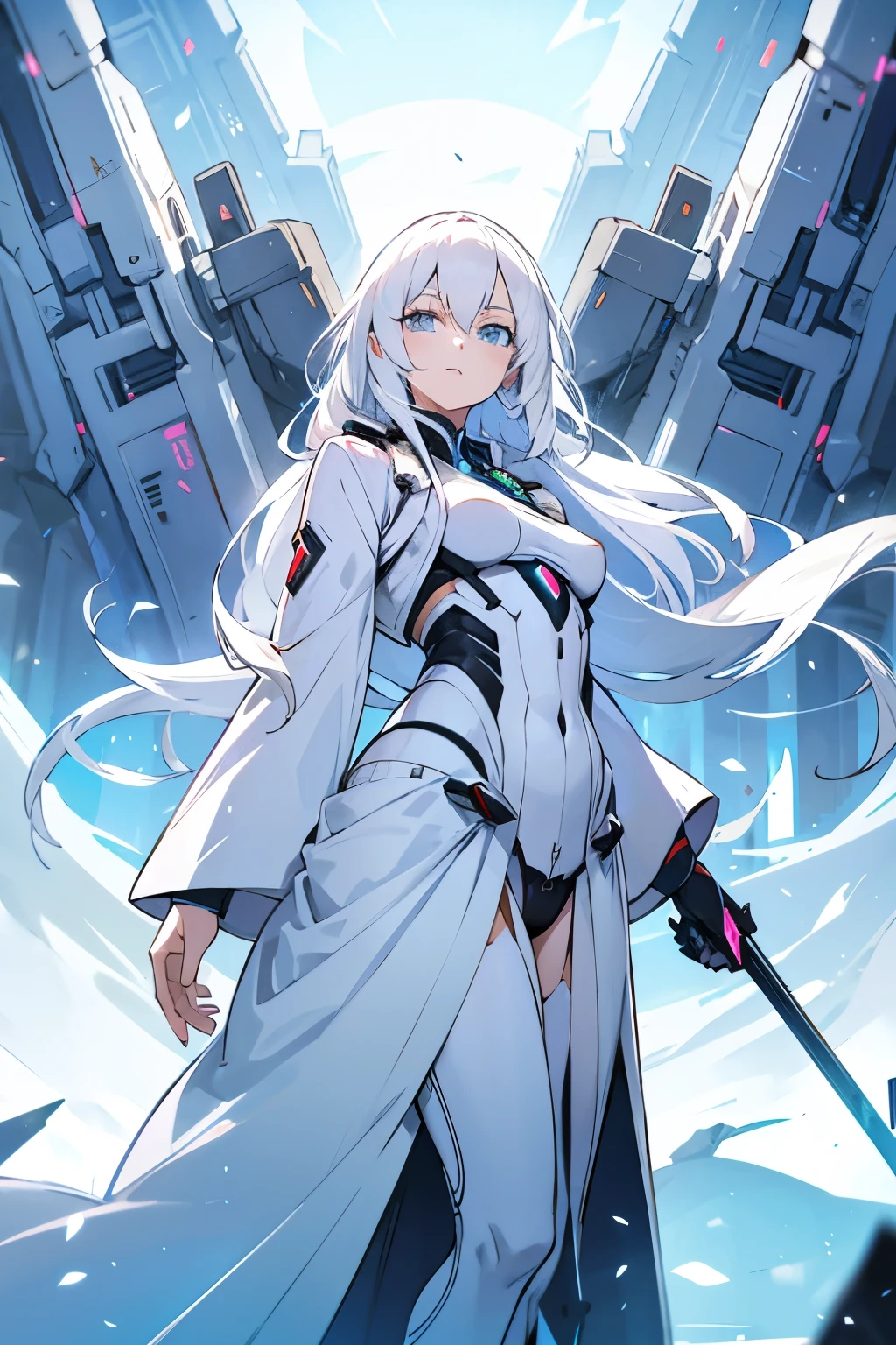 anime woman, white hair, muscular, futuristic robes